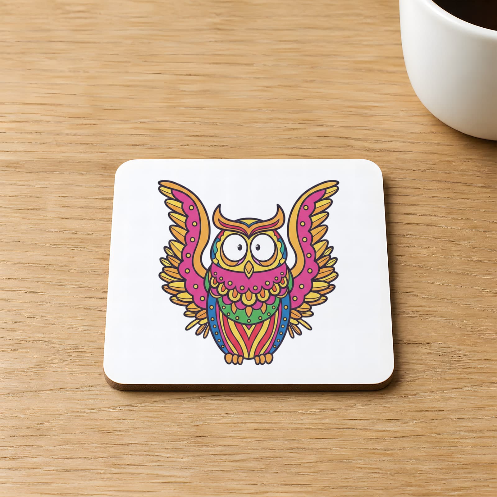 Uçan Baykuş Baskılı 9x9 cm Kare MDF Bardak Altlığı Ahşap