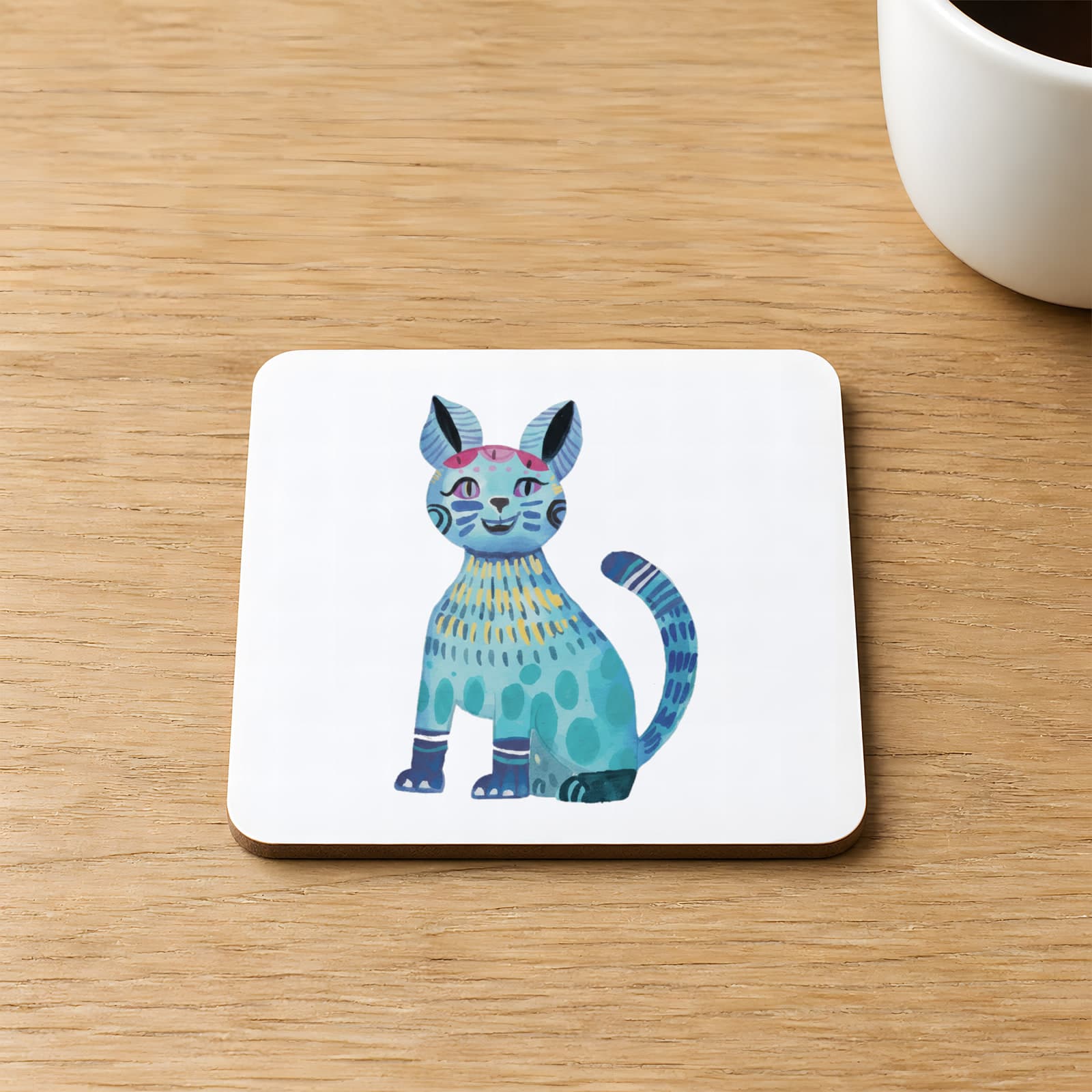 Mavi Kedi Baskılı 9x9 cm Kare MDF Bardak Altlığı Ahşap Model 00639