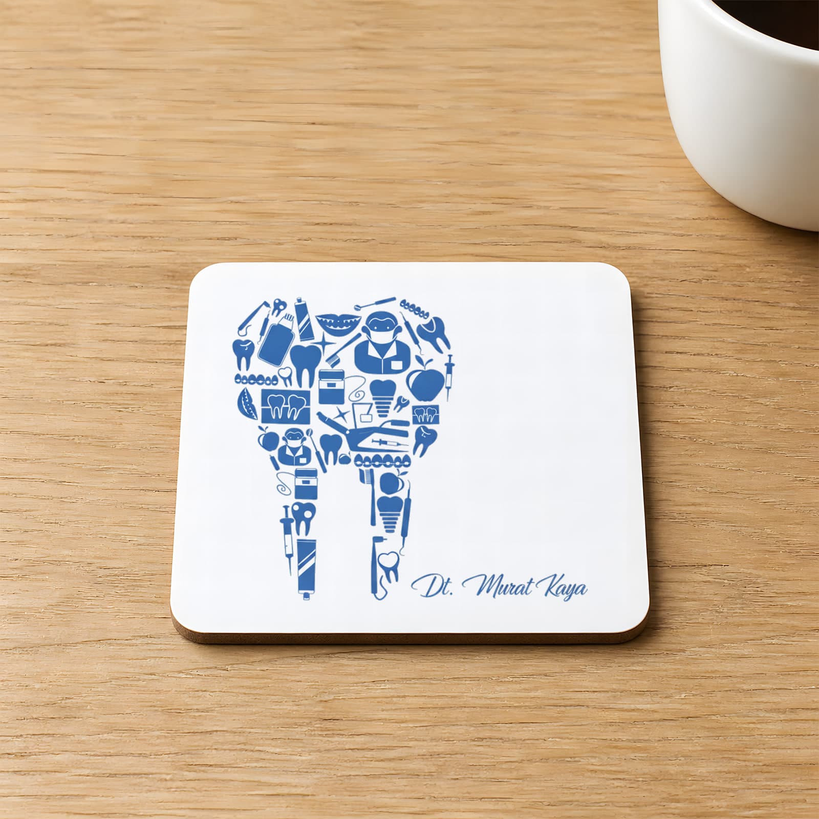 Diş Doktoru Kişiye Özel İsim Baskılı 9x9 cm Kare MDF Bardak Altlığı Ahşap