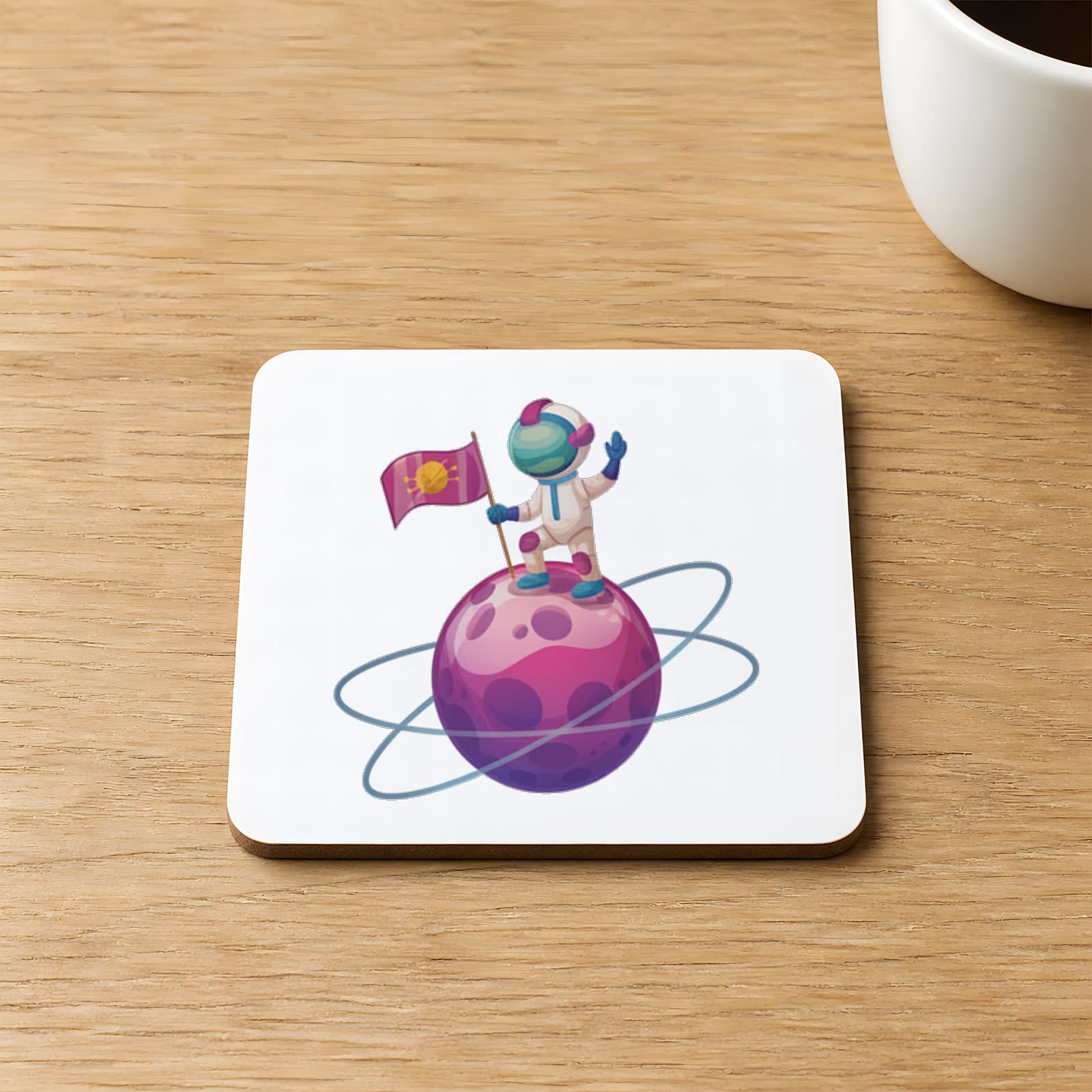 Pembe Bayraklı Astronot Baskılı 9x9 cm Kare MDF Bardak Altlığı Ahşap