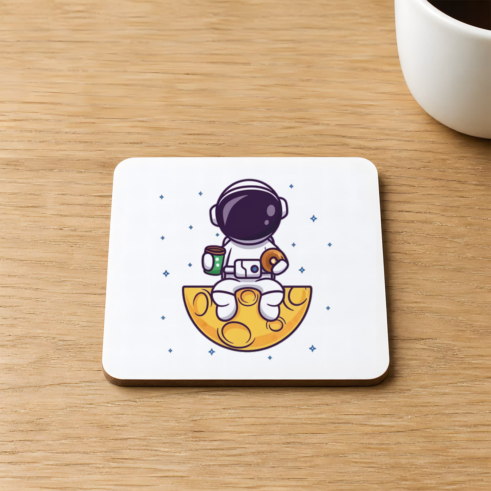 Astronot Kahve Saati Baskılı 9x9 cm Kare MDF Bardak Altlığı Ahşap