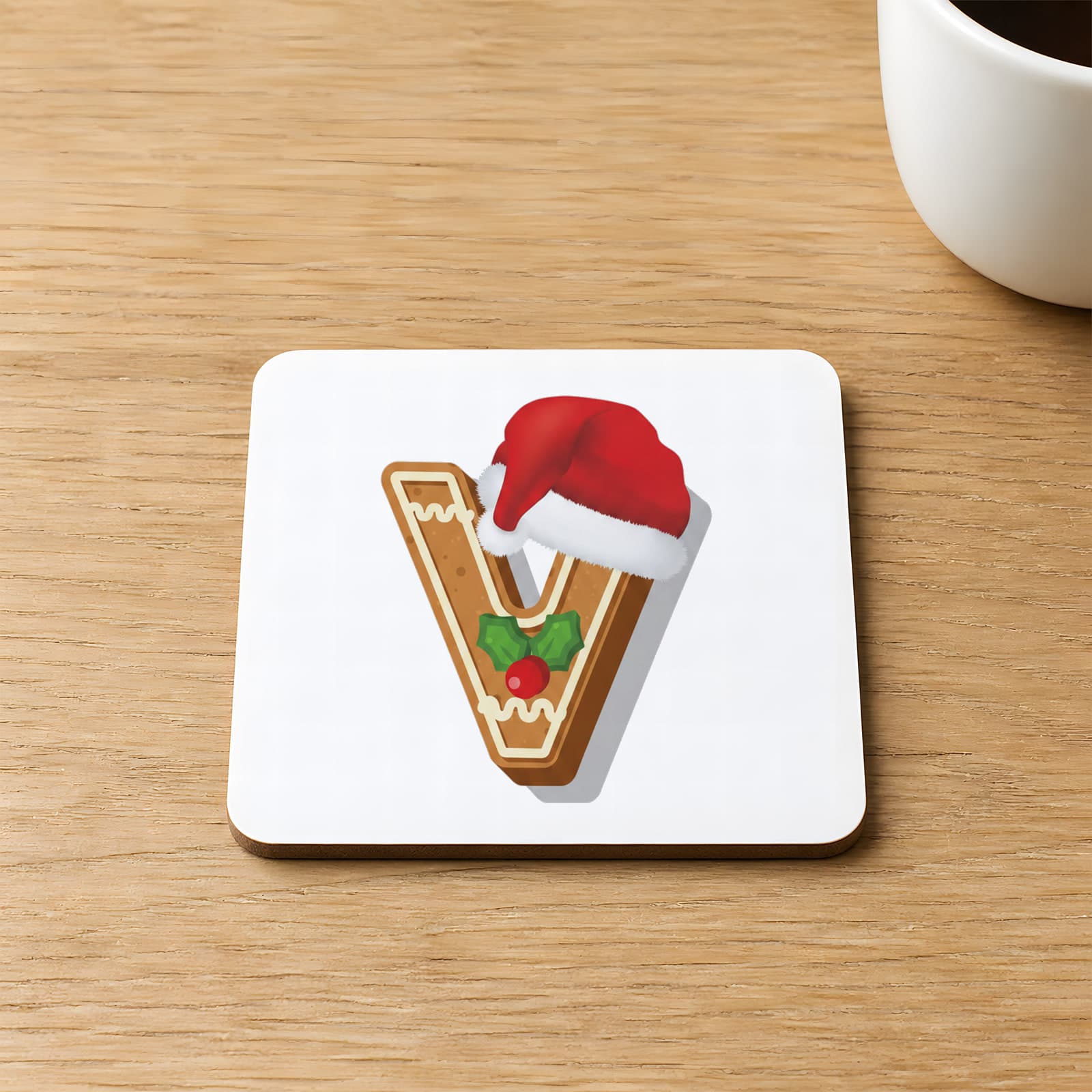 Kurabiye V Harfi Baskılı 9x9 cm Kare MDF Bardak Altlığı Ahşap