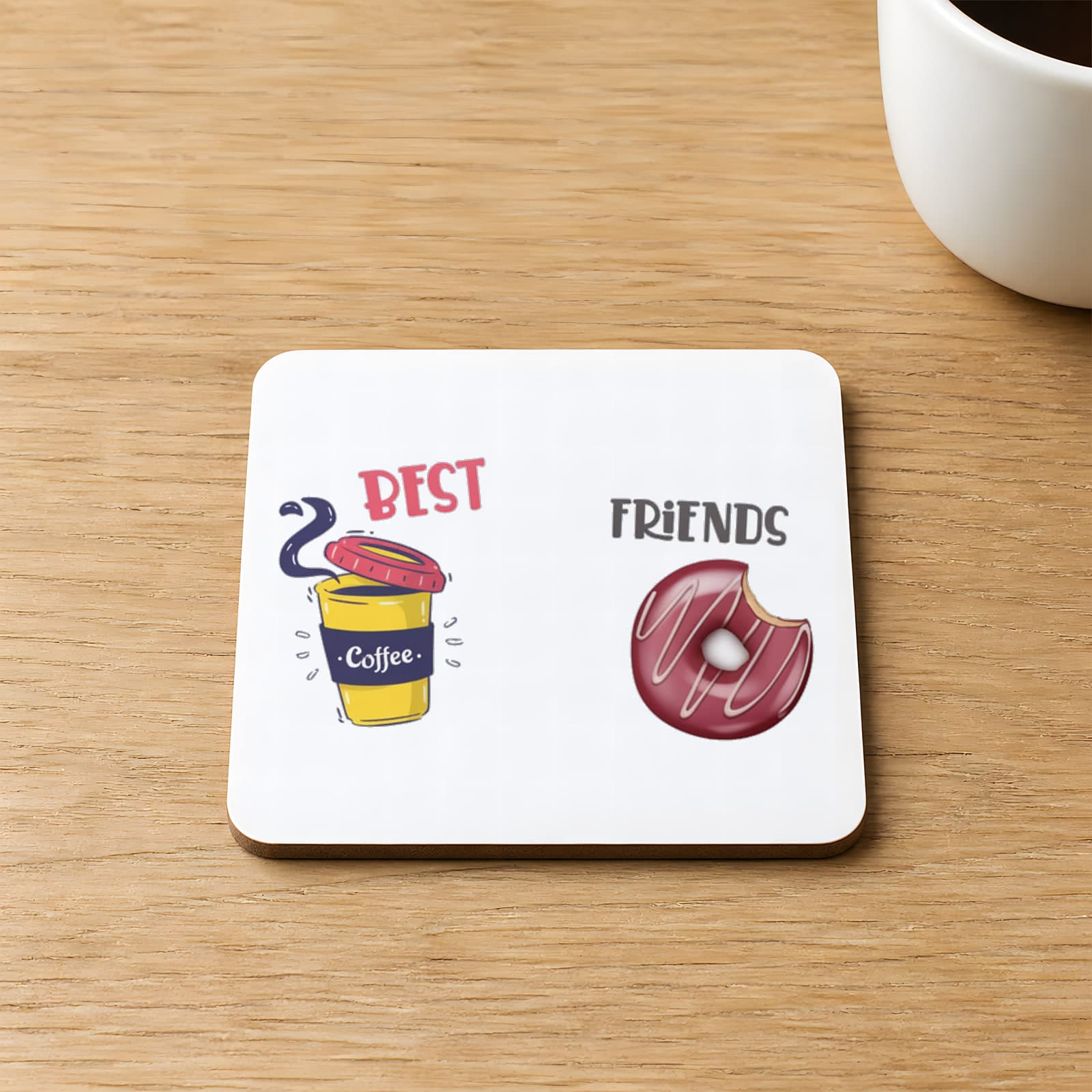 Best Friends Kahve Donut Baskılı 9x9 cm Kare MDF Bardak Altlığı - Arkadaşa Hediye Ahşap