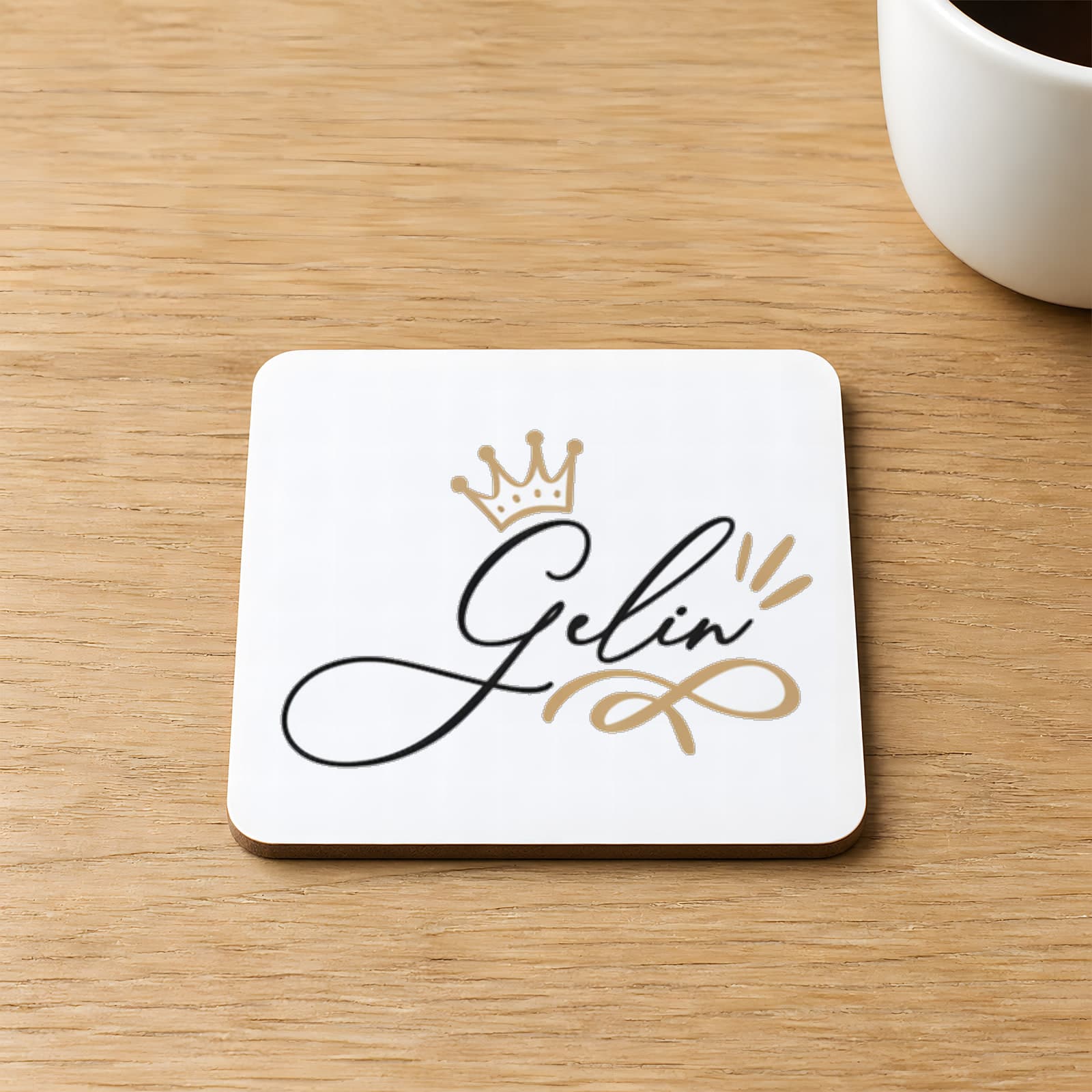 Gelin Taçlı Yazı Baskılı 9x9 cm Kare MDF Bardak Altlığı Ahşap