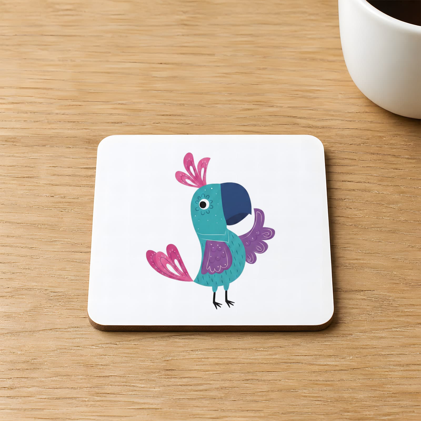 Papağan Baskılı 9x9 cm Kare MDF Bardak Altlığı Ahşap