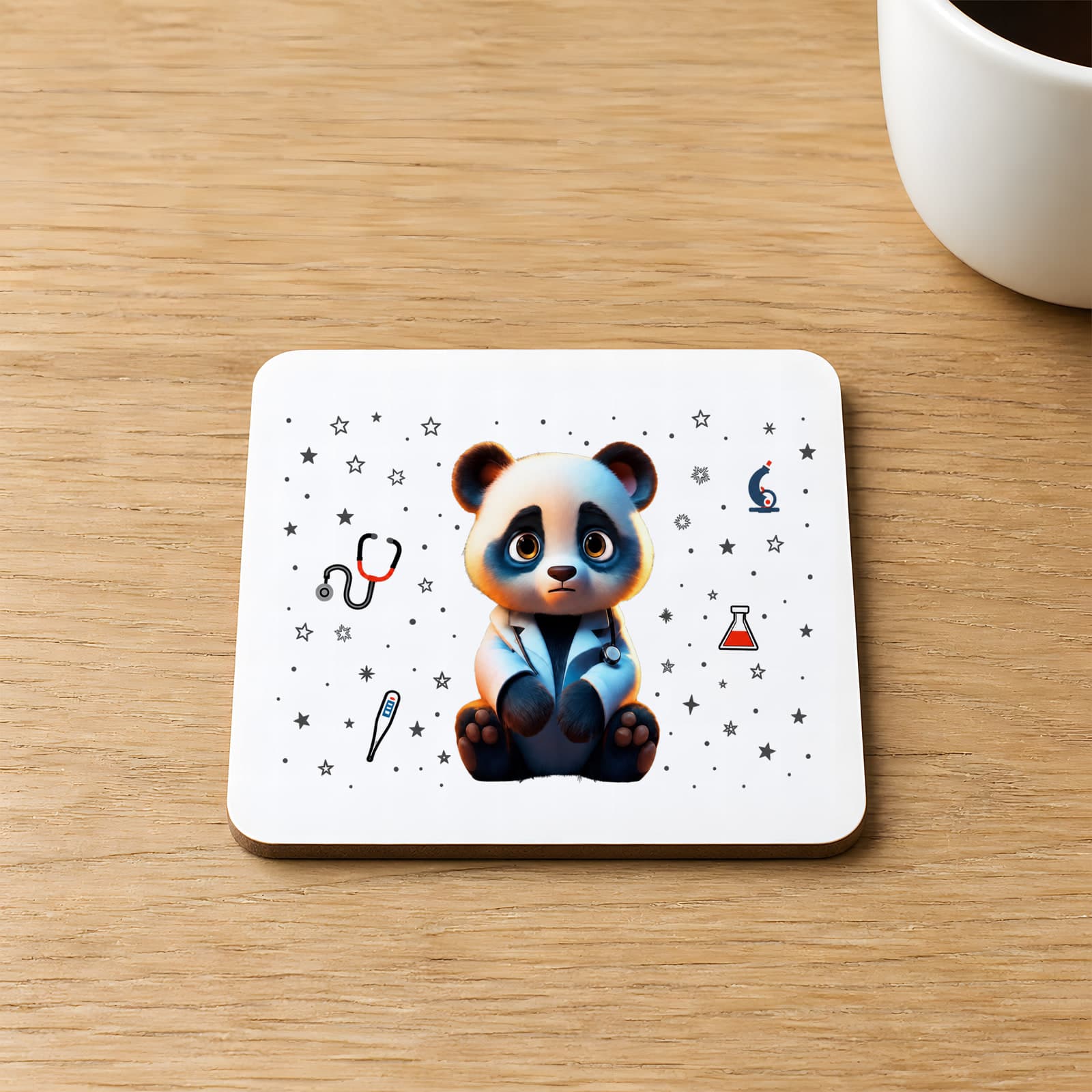 Sad Üzgün Panda Meslek Doktor Baskılı 9x9 cm Kare MDF Bardak Altlığı - Doktora Hediye Ahşap