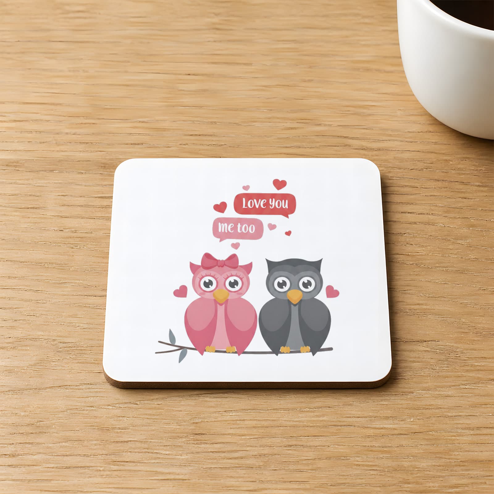 Aşık Baykuşlar Baskılı 9x9 cm Kare MDF Bardak Altlığı Ahşap