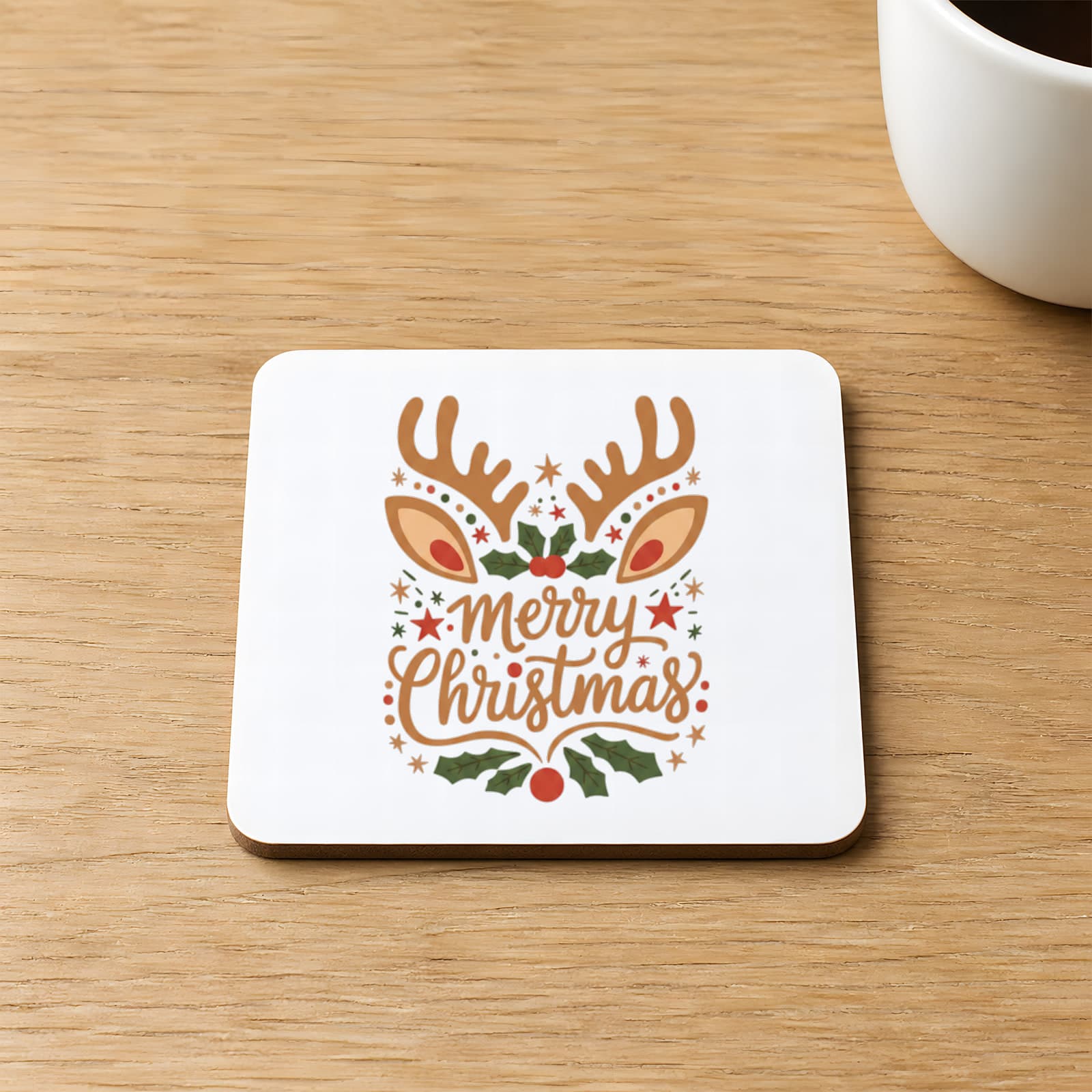 Merry Christmas Geyik Boynuzlu Baskılı 9x9 cm Kare MDF Bardak Altlığı - Yılbaşı Hediyesi Ahşap