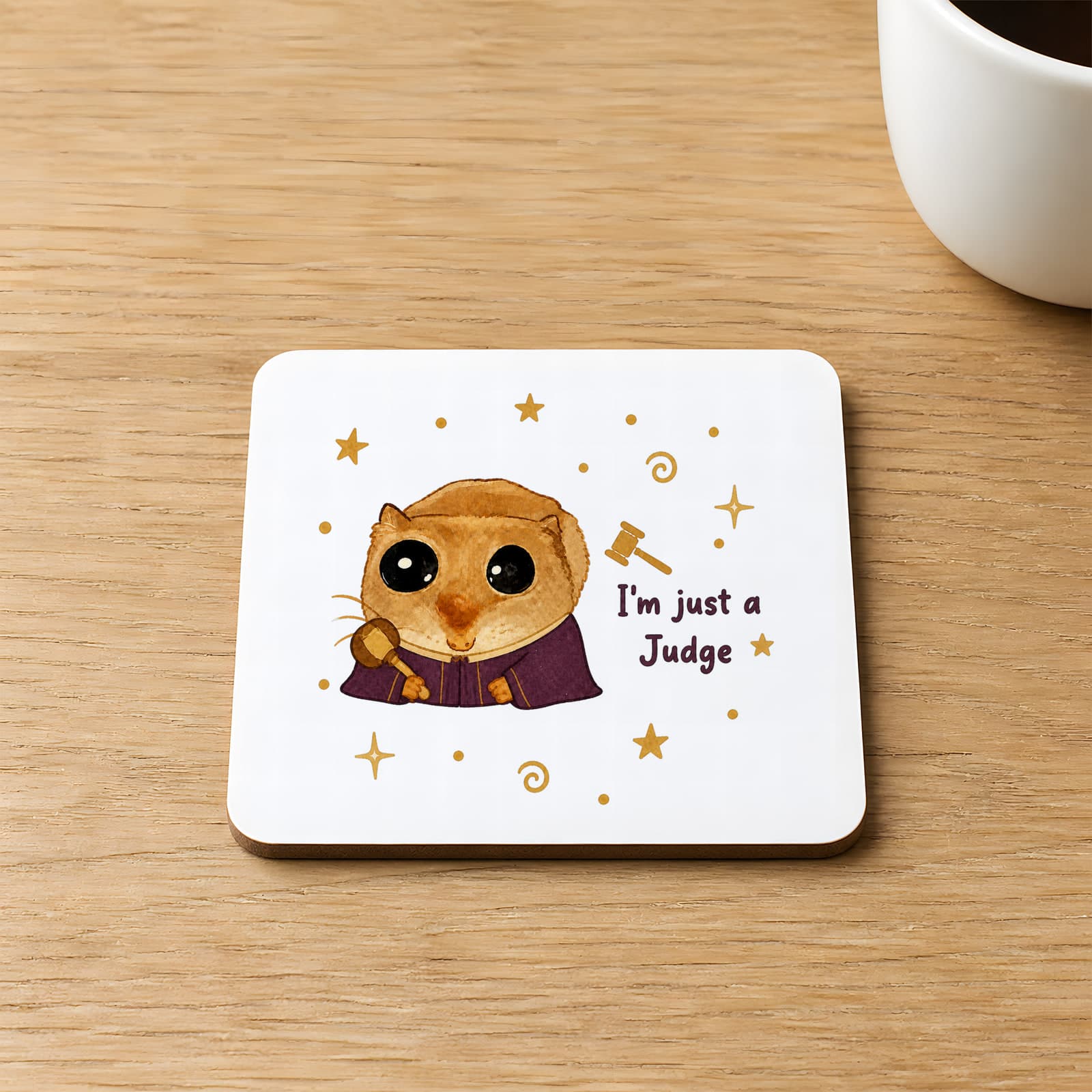 Sad Üzgün Hamster Meslek Hakim Judge Baskılı 9x9 cm Kare MDF Bardak Altlığı - Hakime Hediye Ahşap