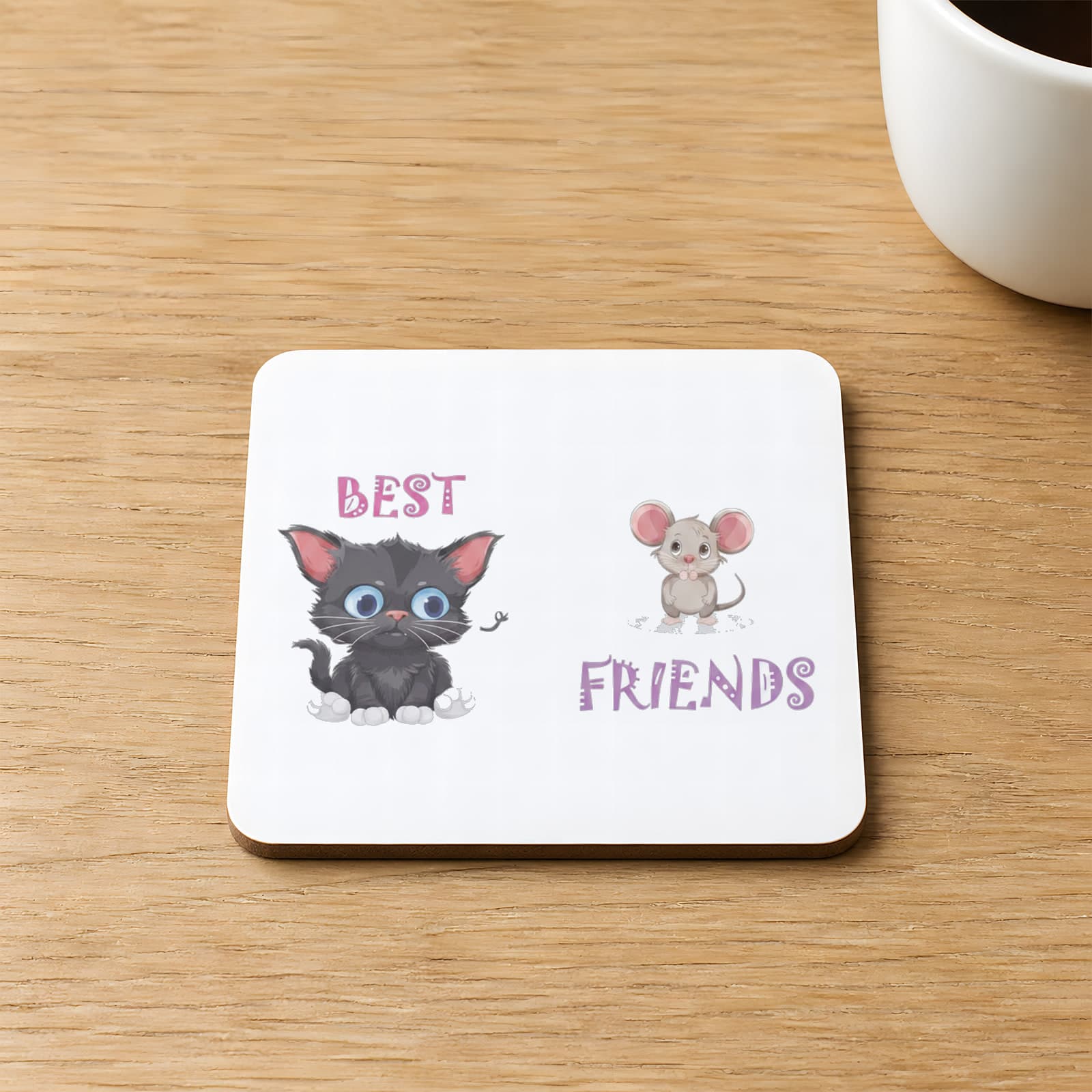 Best Friends Kedi Fare Baskılı 9x9 cm Kare MDF Bardak Altlığı - Arkadaşa Hediye Ahşap