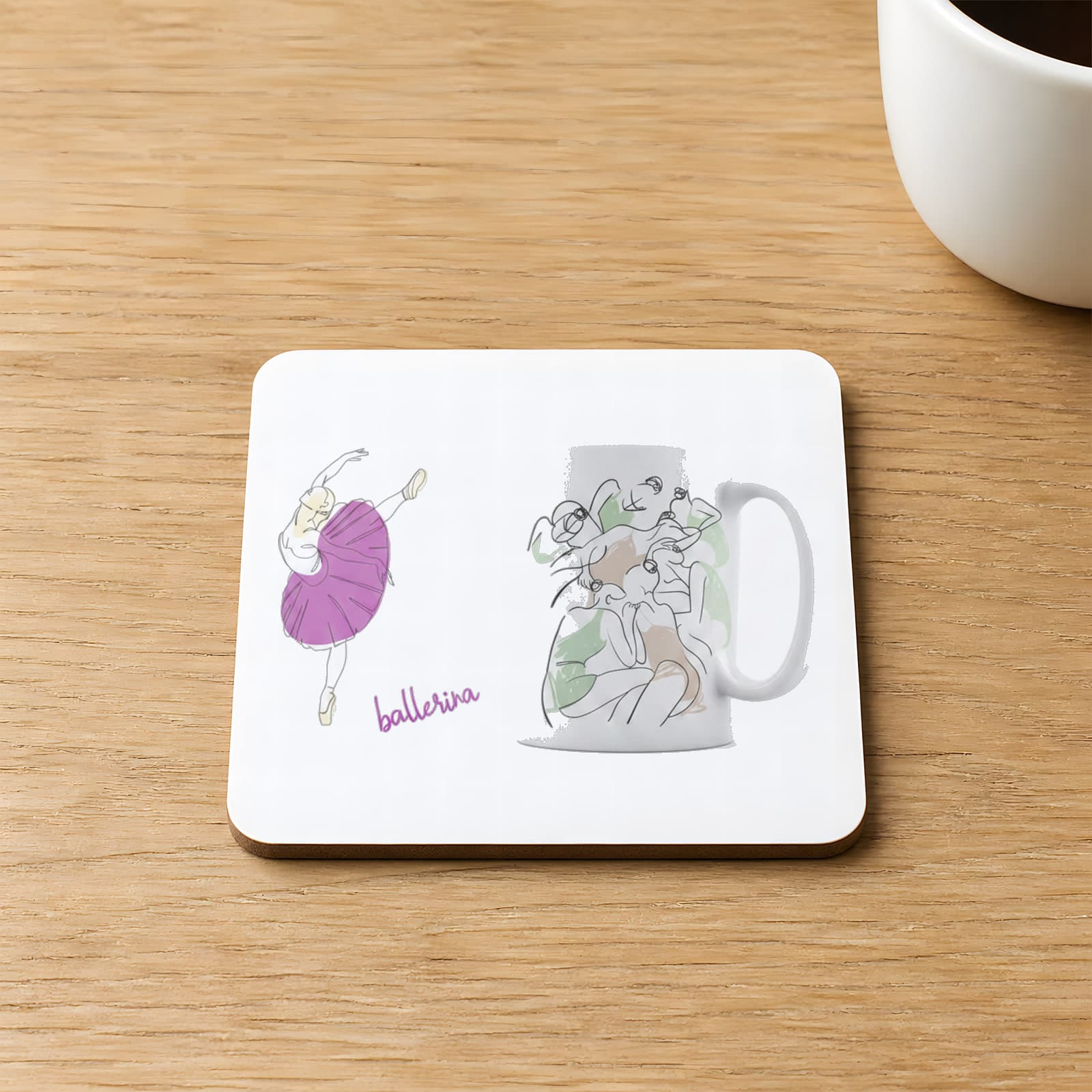 Pembe Etekli Balerin Baskılı 9x9 cm Kare MDF Bardak Altlığı Ahşap