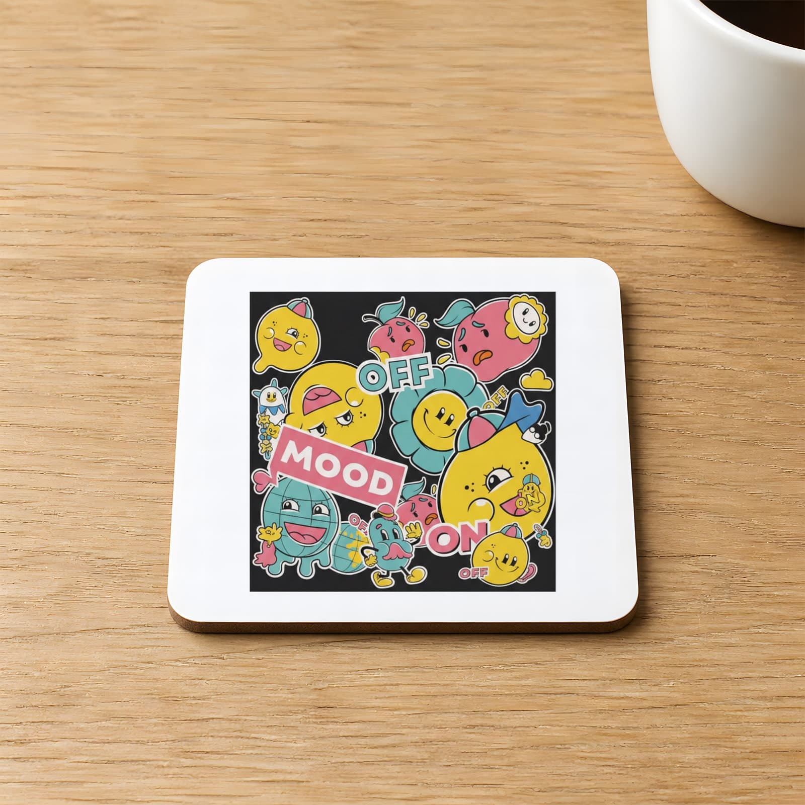 Mood On Off Baskılı 9x9 cm Kare MDF Bardak Altlığı Ahşap