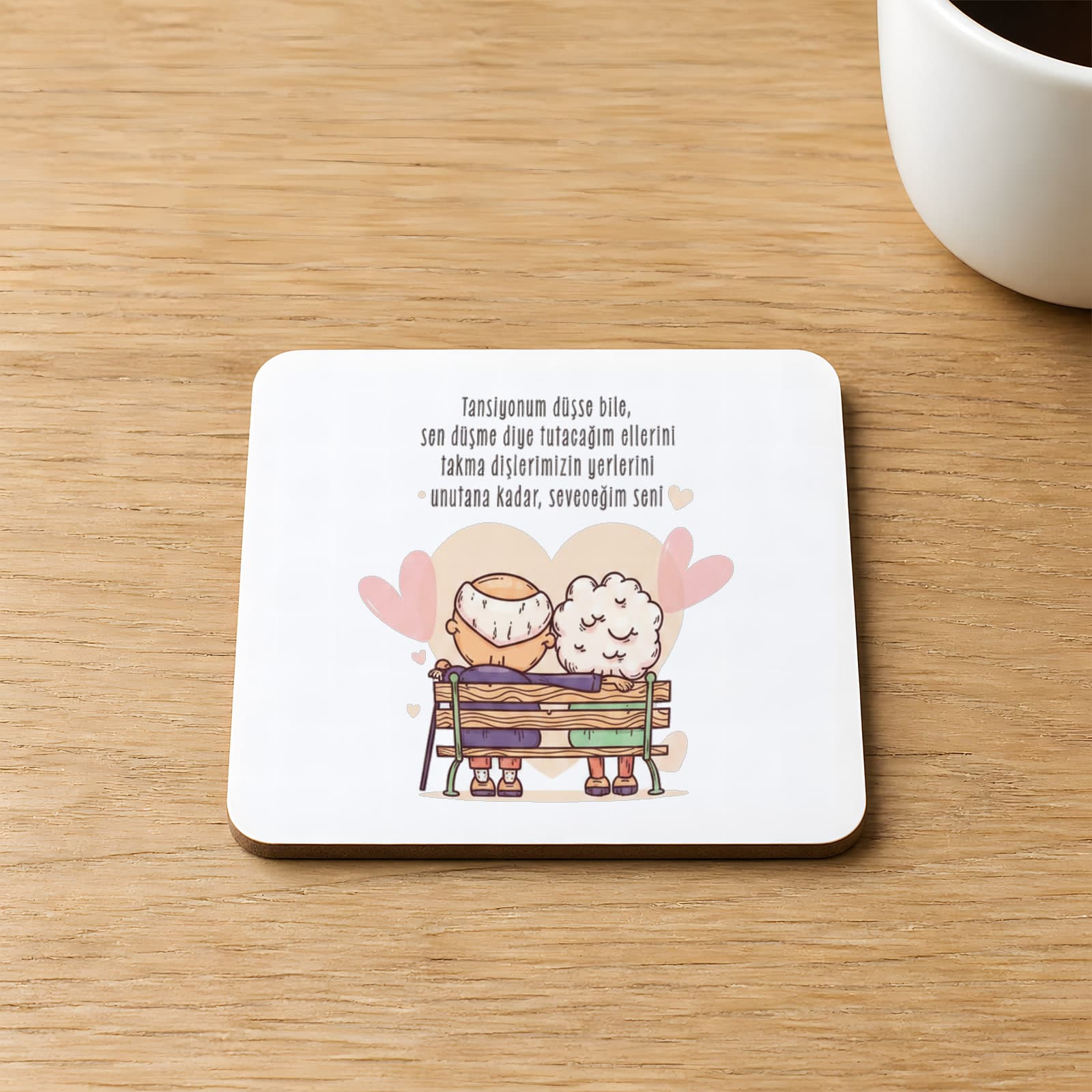 Tansiyonum Düşse Bile Baskılı 9x9 cm Kare MDF Bardak Altlığı Ahşap