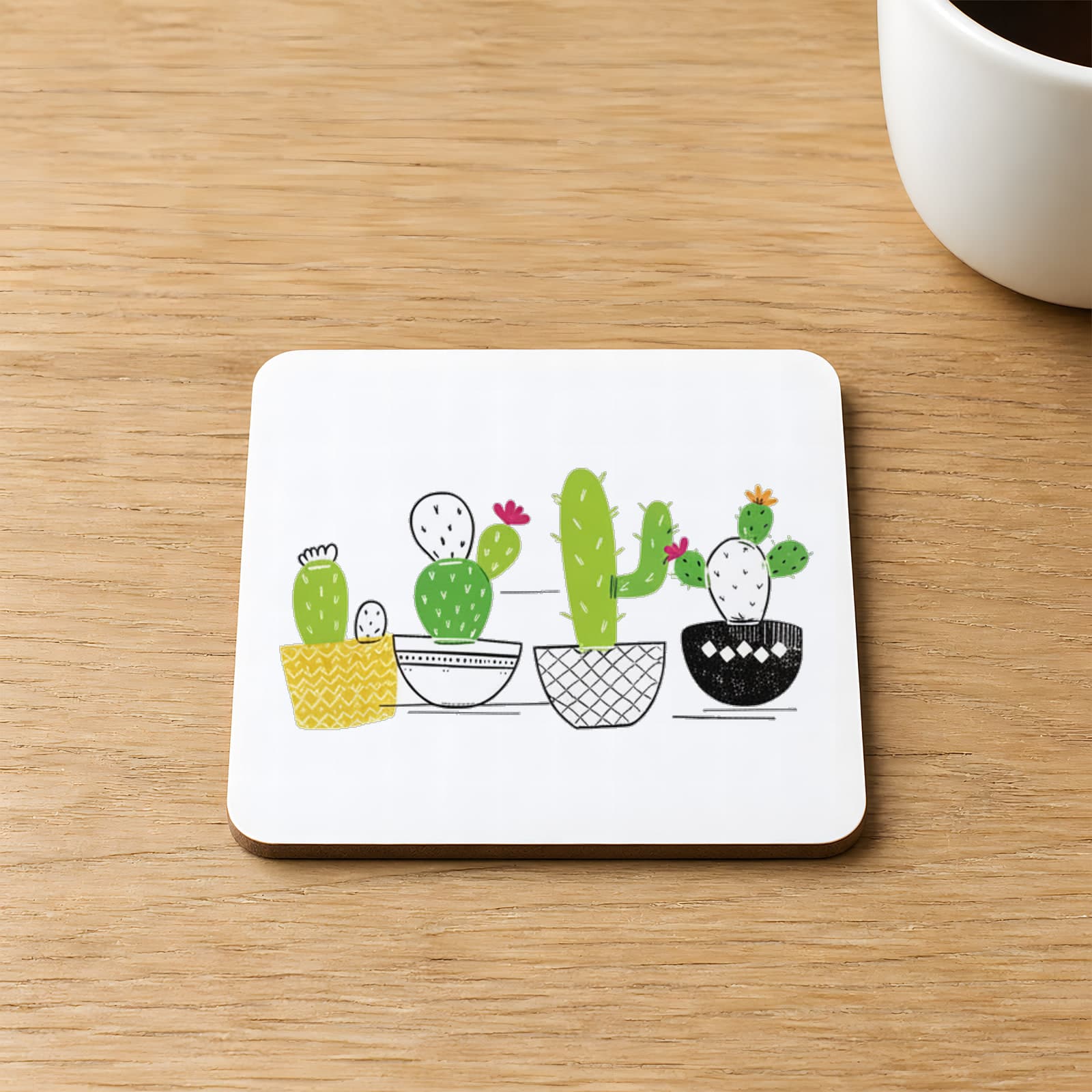 4lü Kaktüs Baskılı 9x9 cm Kare MDF Bardak Altlığı Ahşap