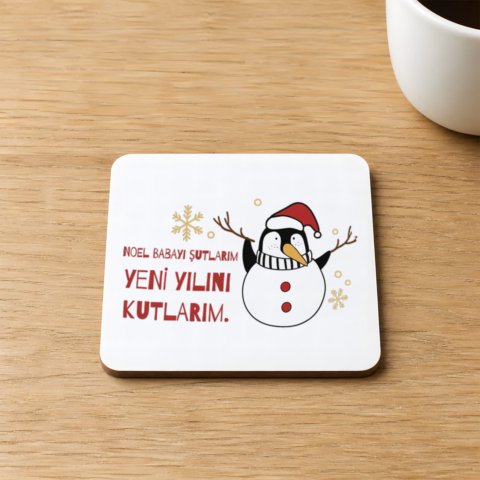 Noel Babayı Şutlarım Baskılı 9x9 cm Kare MDF Bardak Altlığı - Yılbaşı Hediyesi Ahşap