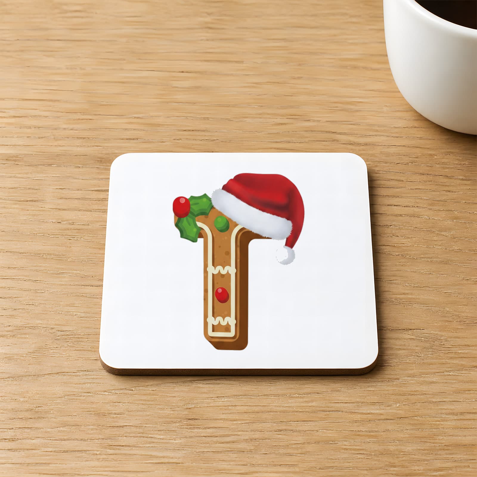 Kurabiye T Harfi Baskılı 9x9 cm Kare MDF Bardak Altlığı Ahşap