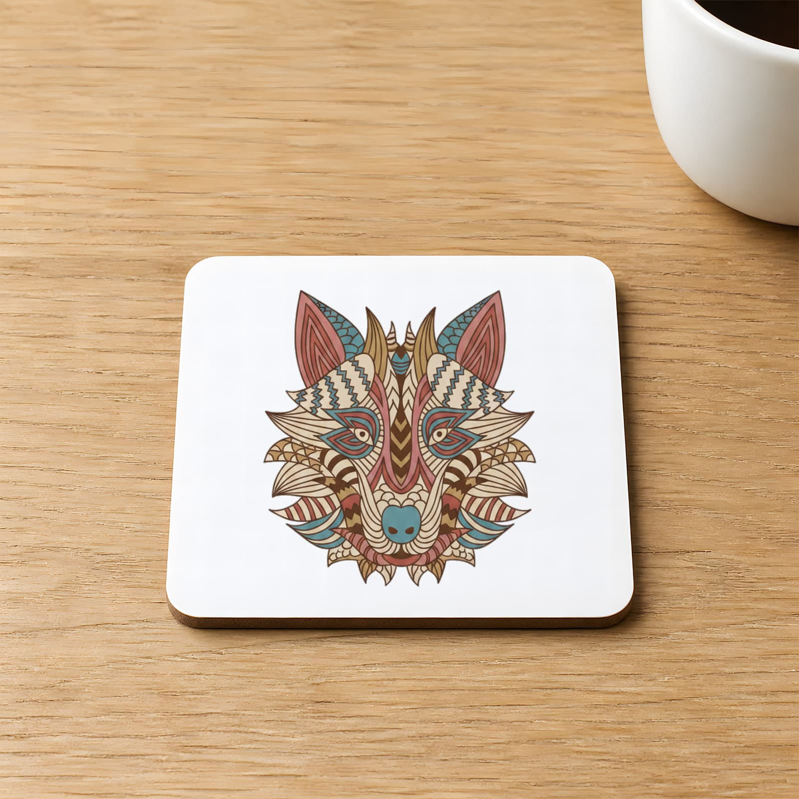 Etnik Kurt Baskılı 9x9 cm Kare MDF Bardak Altlığı Ahşap
