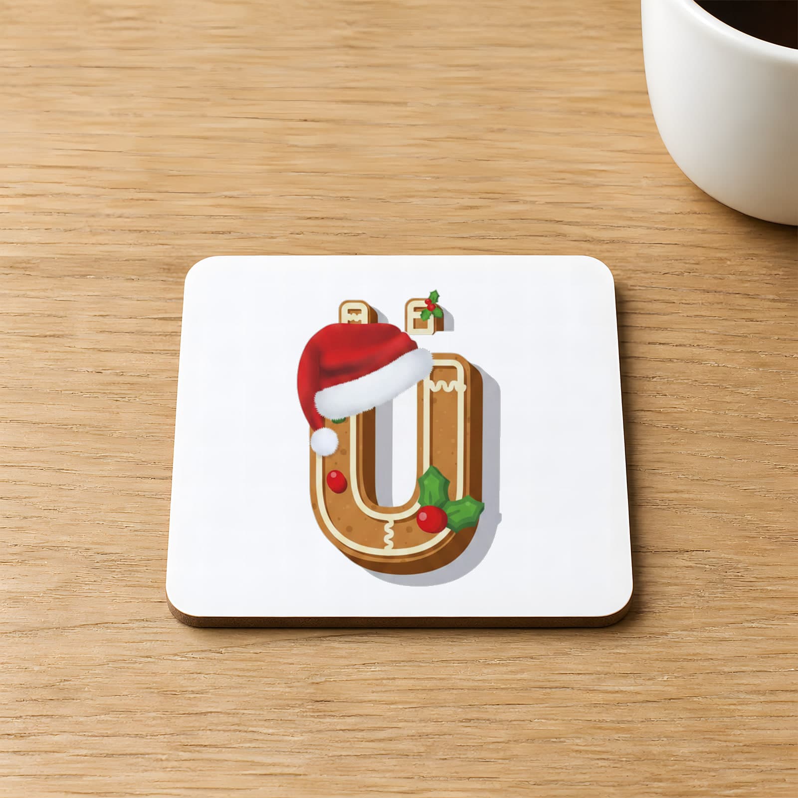 Kurabiye Ü Harfi Baskılı 9x9 cm Kare MDF Bardak Altlığı Ahşap
