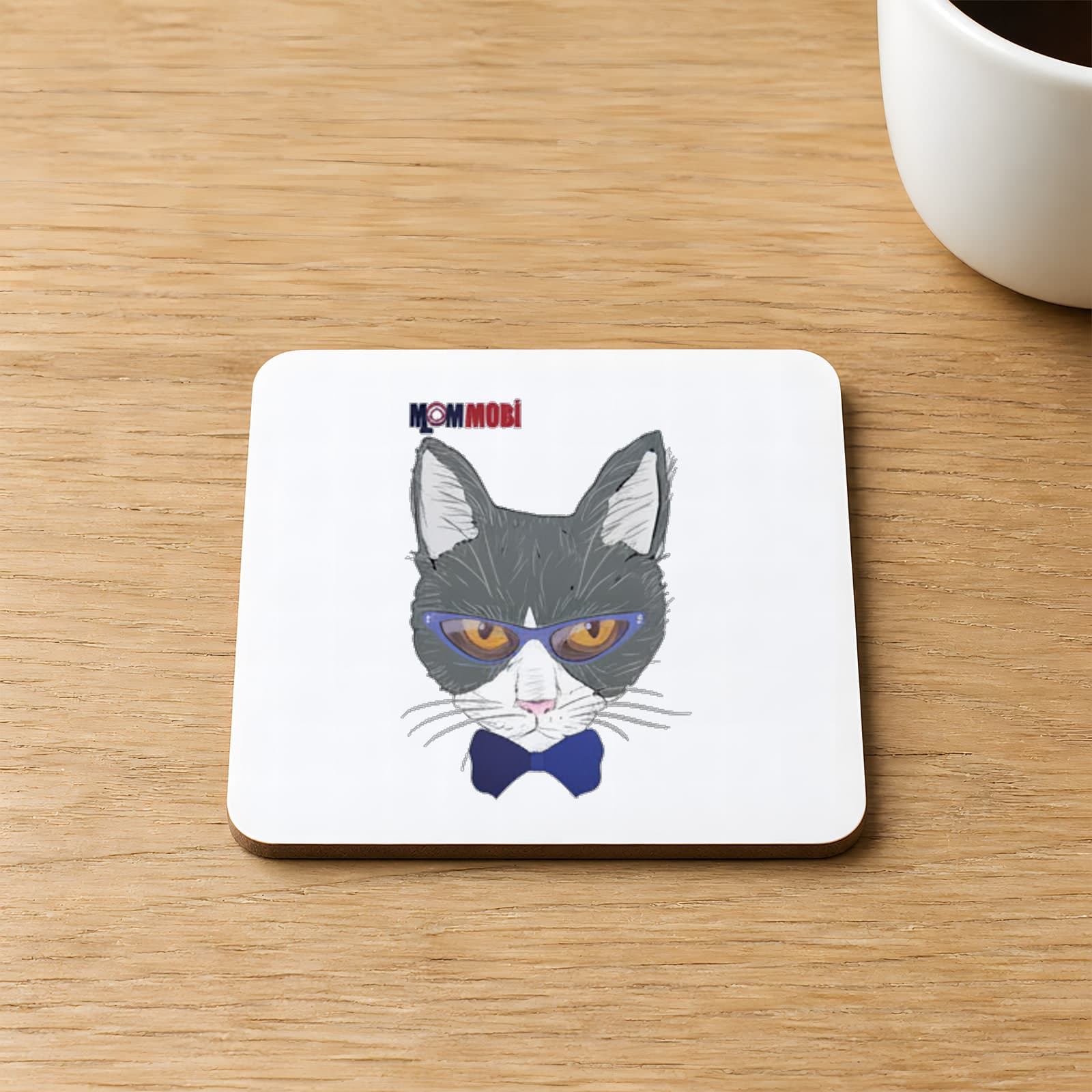 Gözlüklü Mavi Papyonlu Kedi Baskılı 9x9 cm Kare MDF Bardak Altlığı Ahşap