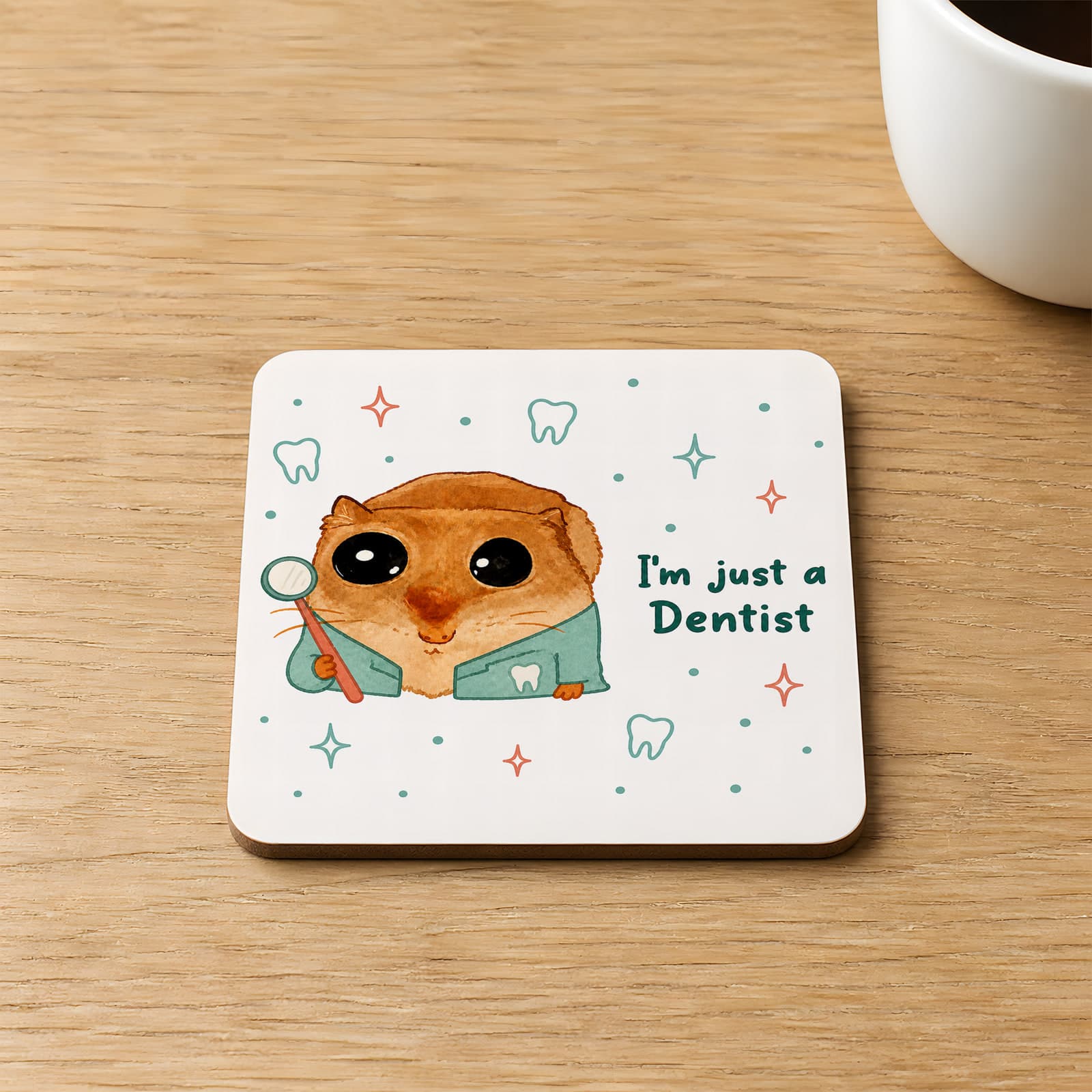 Sad Üzgün Hamster Dişçi Diş Doktoru Baskılı 9x9 cm Kare MDF Bardak Altlığı - Dişçiye Hediye Ahşap