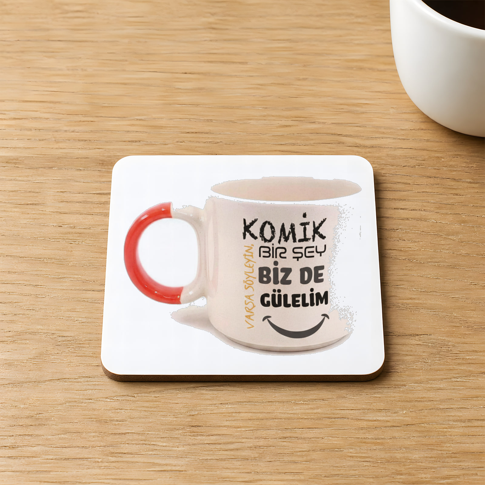 Biz De Gülelim Baskılı 9x9 cm Kare MDF Bardak Altlığı Ahşap
