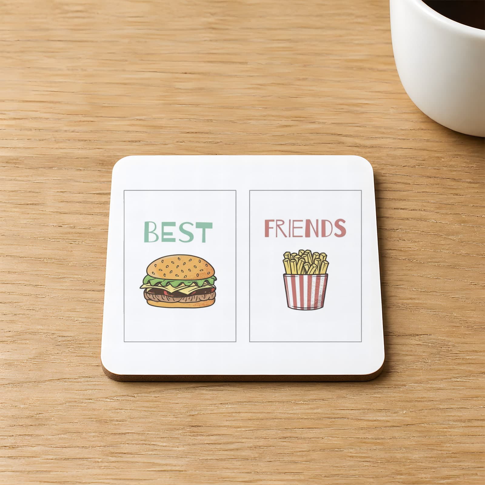 Best Friends Hamburger Patates Baskılı 9x9 cm Kare MDF Bardak Altlığı - Arkadaşa Hediye Ahşap