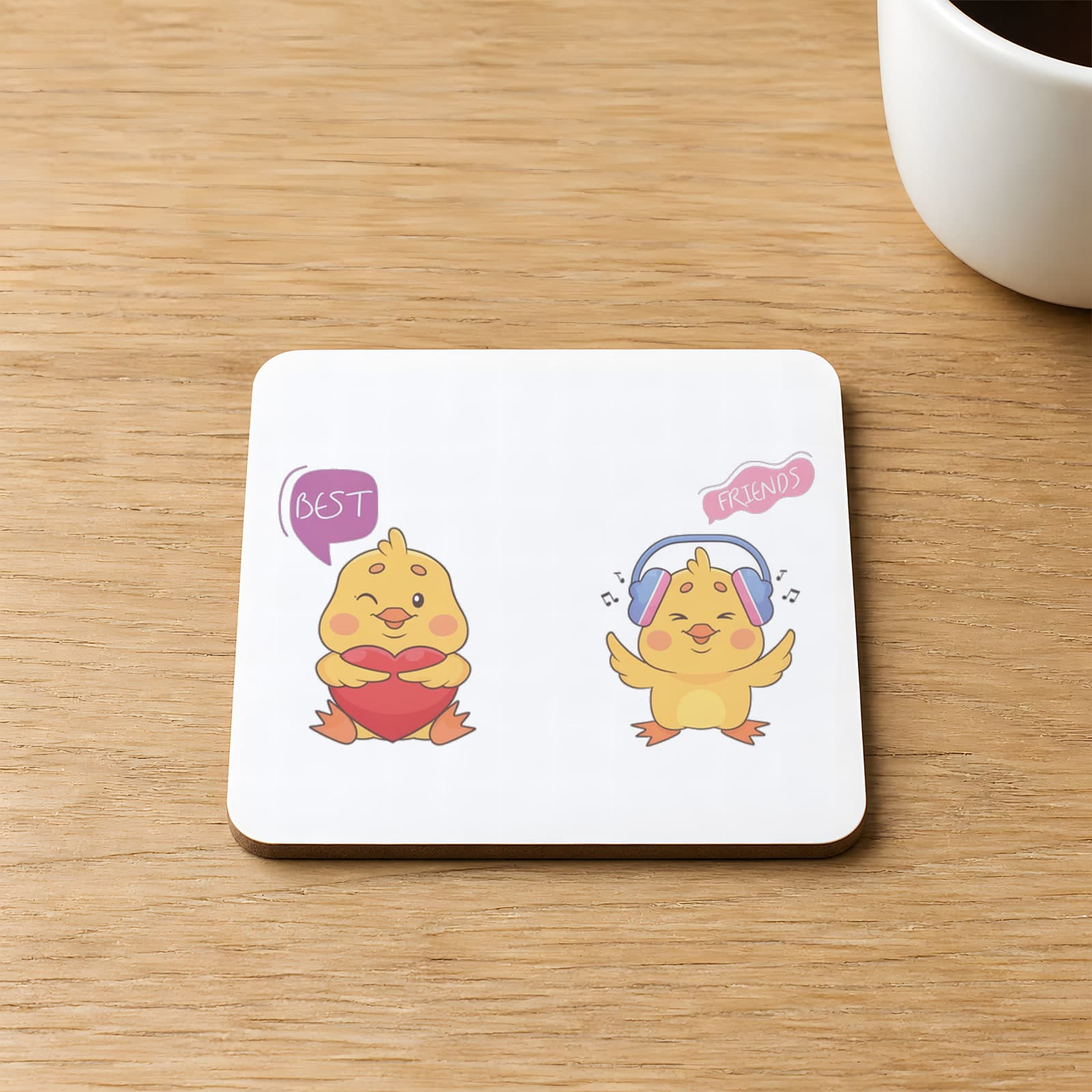 Best Friends Civciv Baskılı 9x9 cm Kare MDF Bardak Altlığı - Arkadaşa Hediye Ahşap