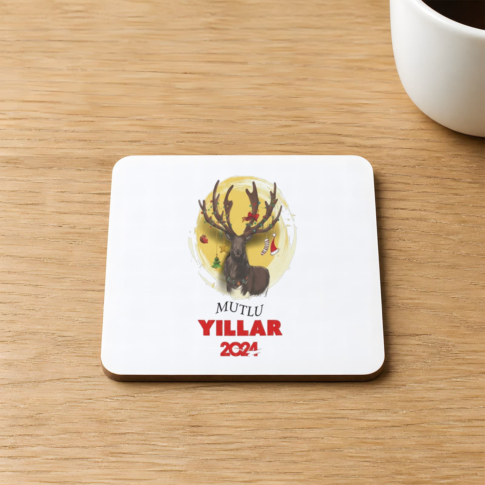 Mutlu Yıllar 2024 Geyik Baskılı 9x9 cm Kare MDF Bardak Altlığı - Yılbaşı Hediyesi Ahşap