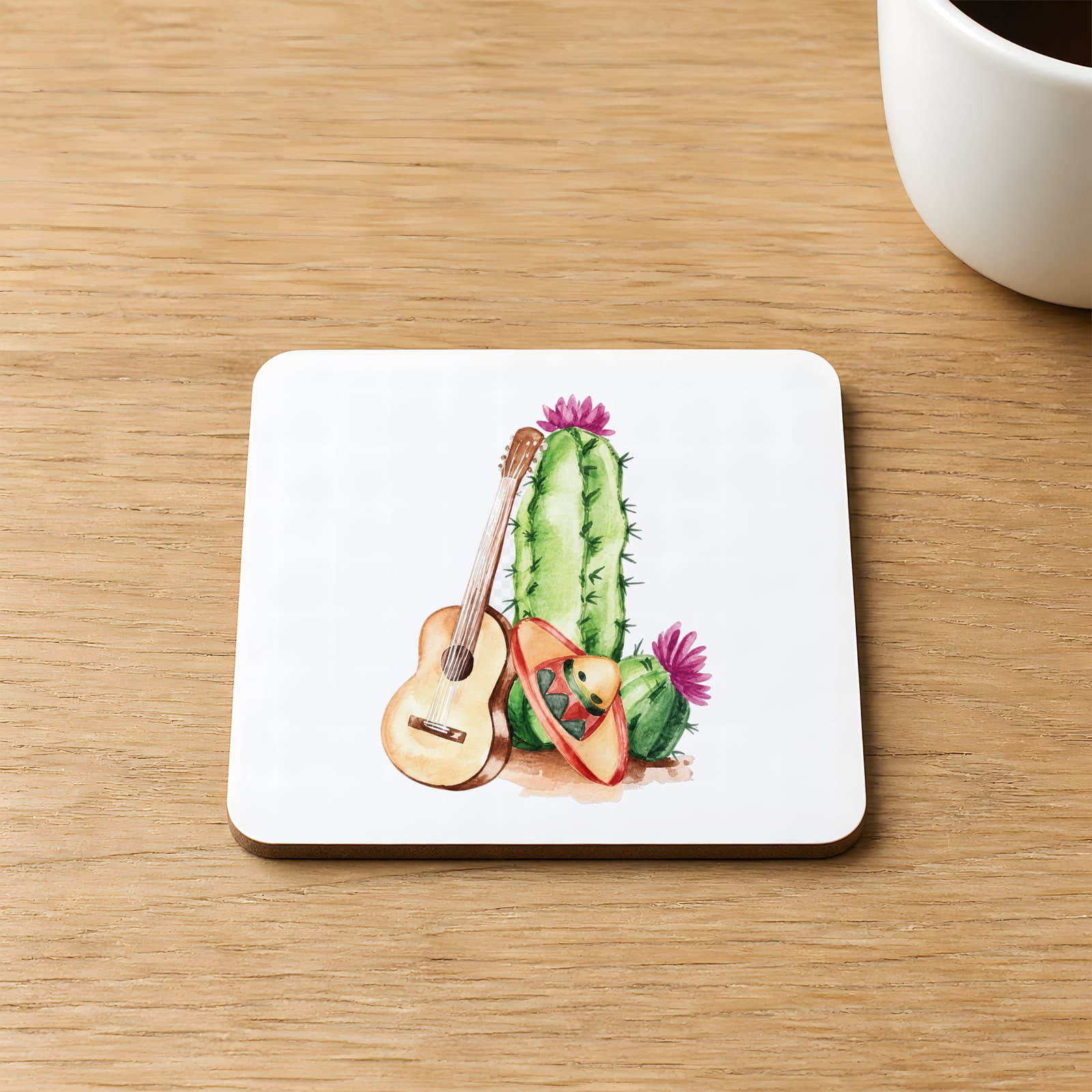 Gitar ve Kaktüs Baskılı 9x9 cm Kare MDF Bardak Altlığı Ahşap