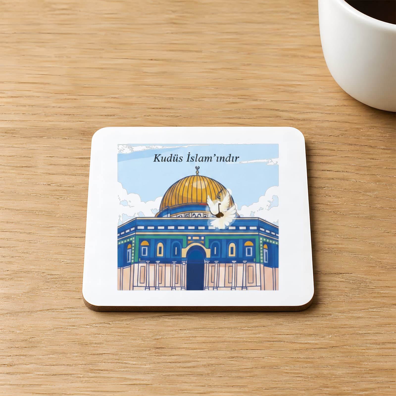 Kudüs İslam Indır Baskılı 9x9 cm Kare MDF Bardak Altlığı Ahşap