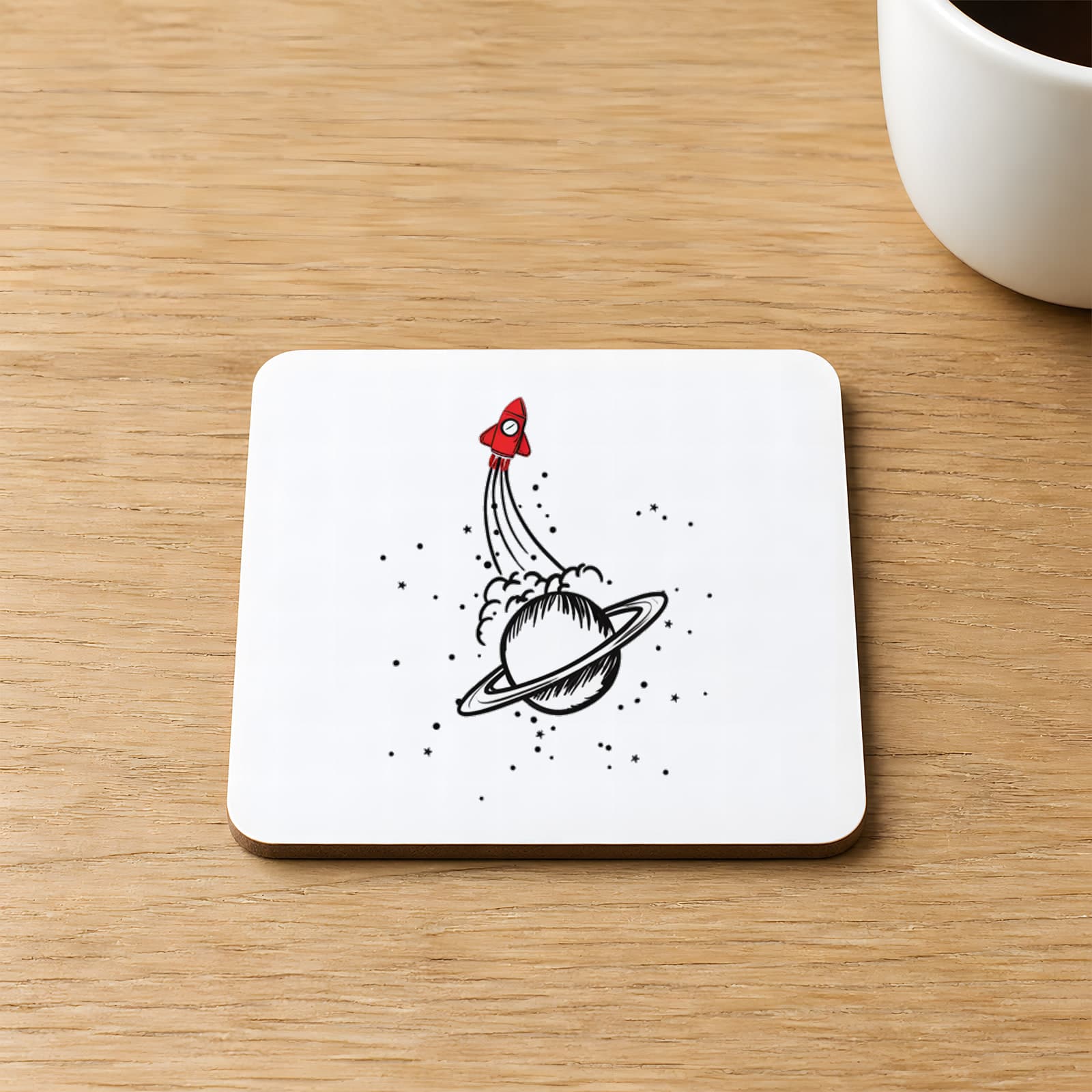 Gezegen ve Uzay Mekiği Baskılı 9x9 cm Kare MDF Bardak Altlığı Ahşap