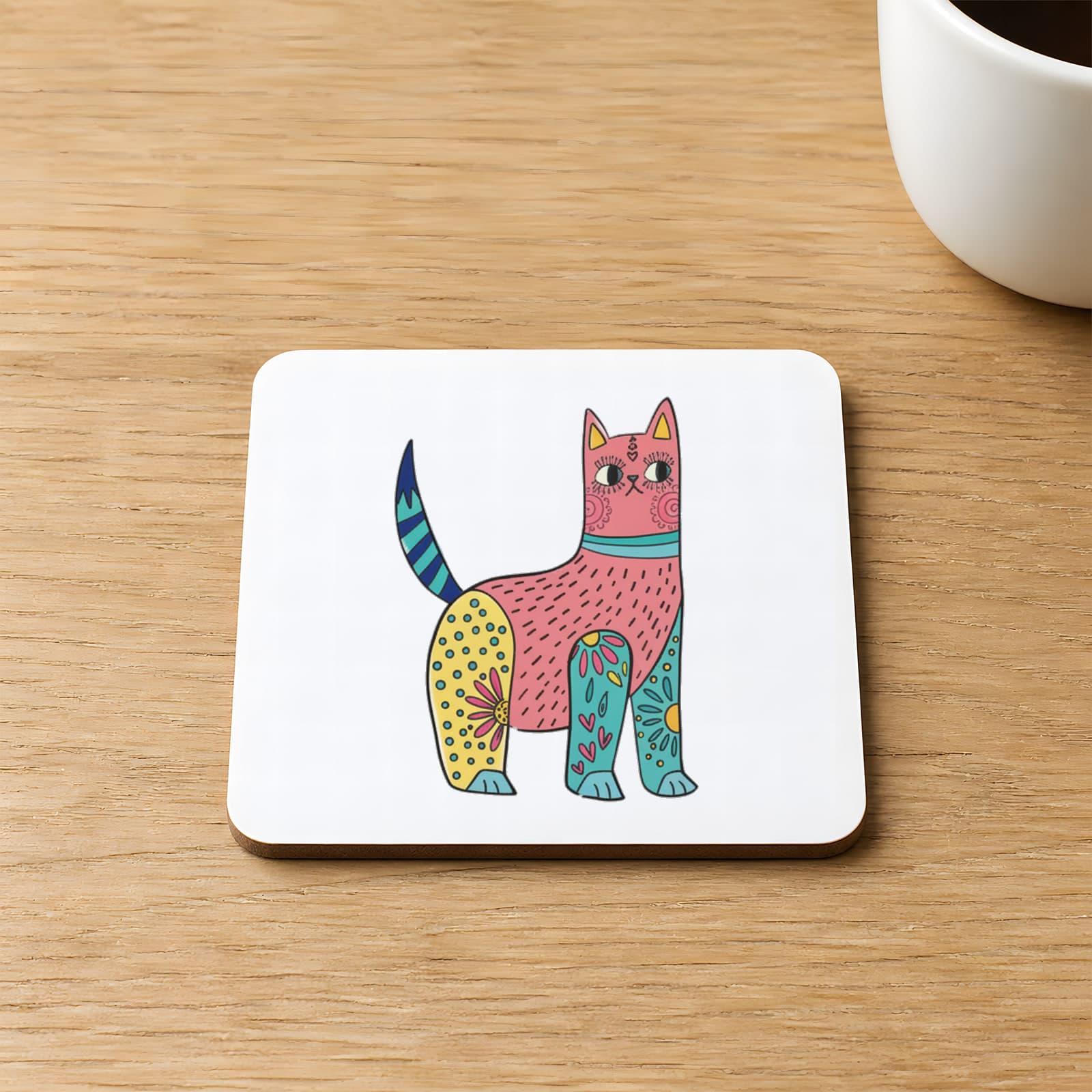 Sarı Pembe Kedi Baskılı 9x9 cm Kare MDF Bardak Altlığı Ahşap