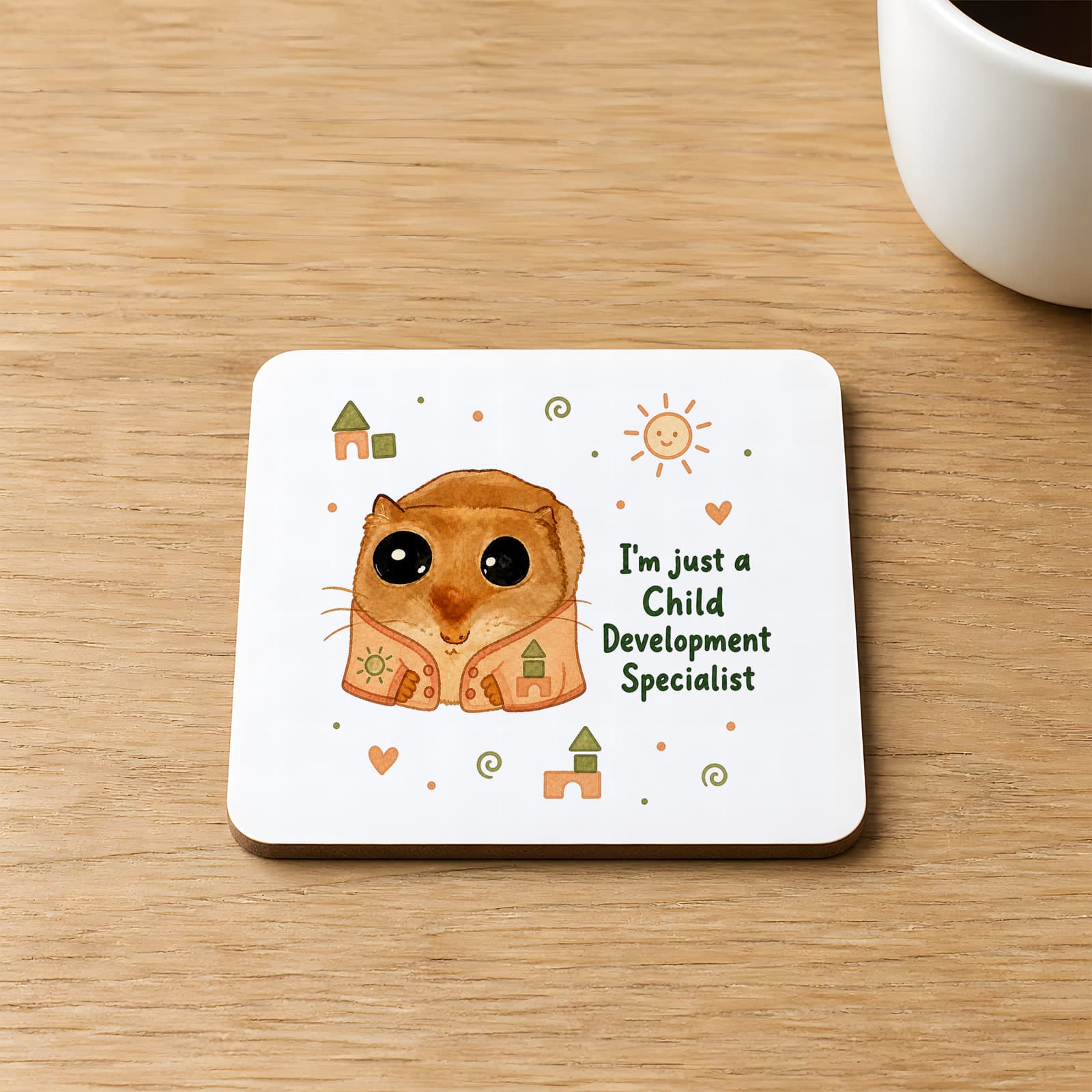 Sad Üzgün Hamster Meslek Çocuk Gelişimci Baskılı 9x9 cm Kare MDF Bardak Altlığı - Hediye