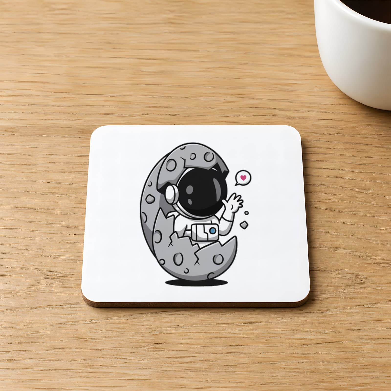 Yumurtadan Çıkan Astronot Baskılı 9x9 cm Kare MDF Bardak Altlığı Ahşap