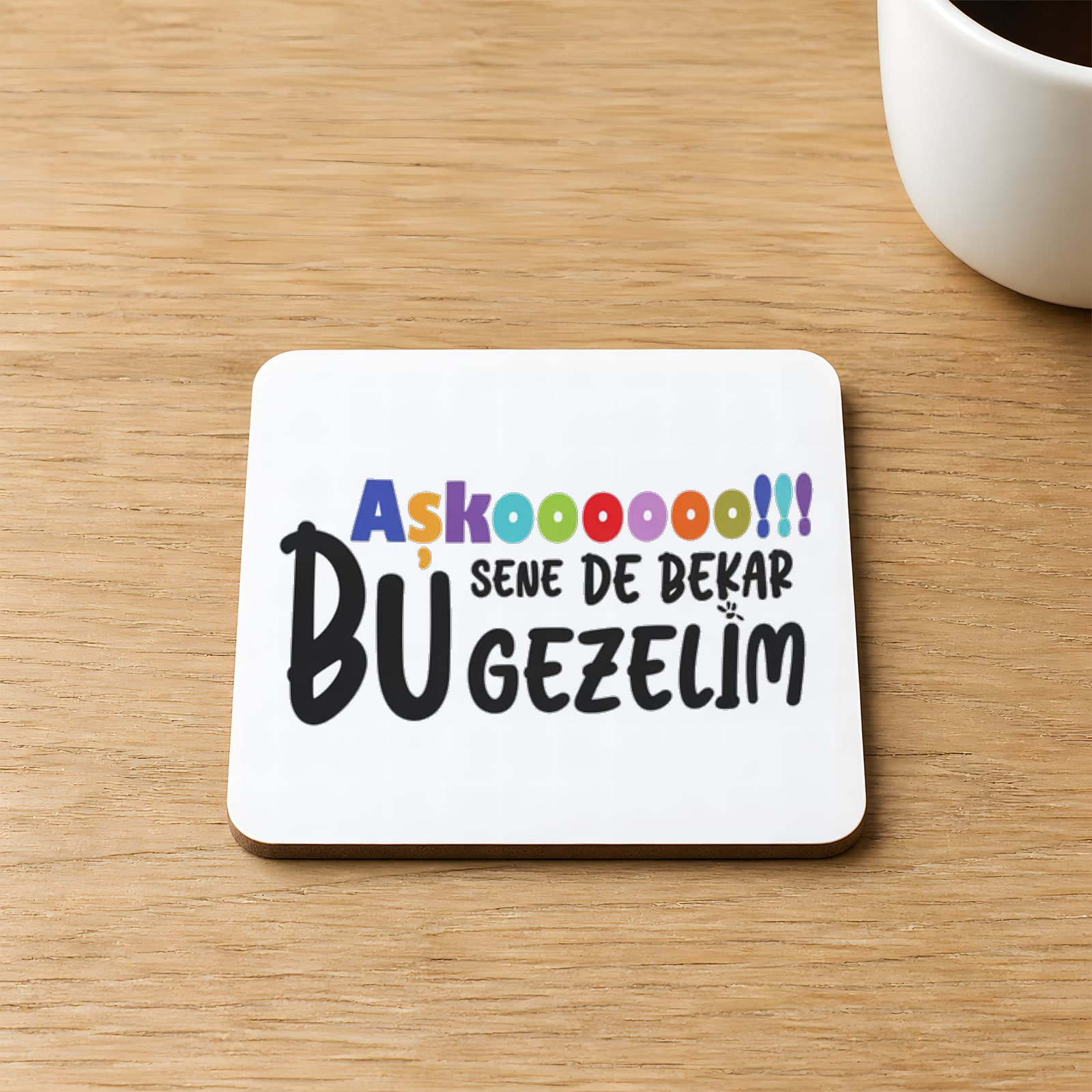 Aşkoooooo Baskılı 9x9 cm Kare MDF Bardak Altlığı - Sevgiliye Hediye Ahşap