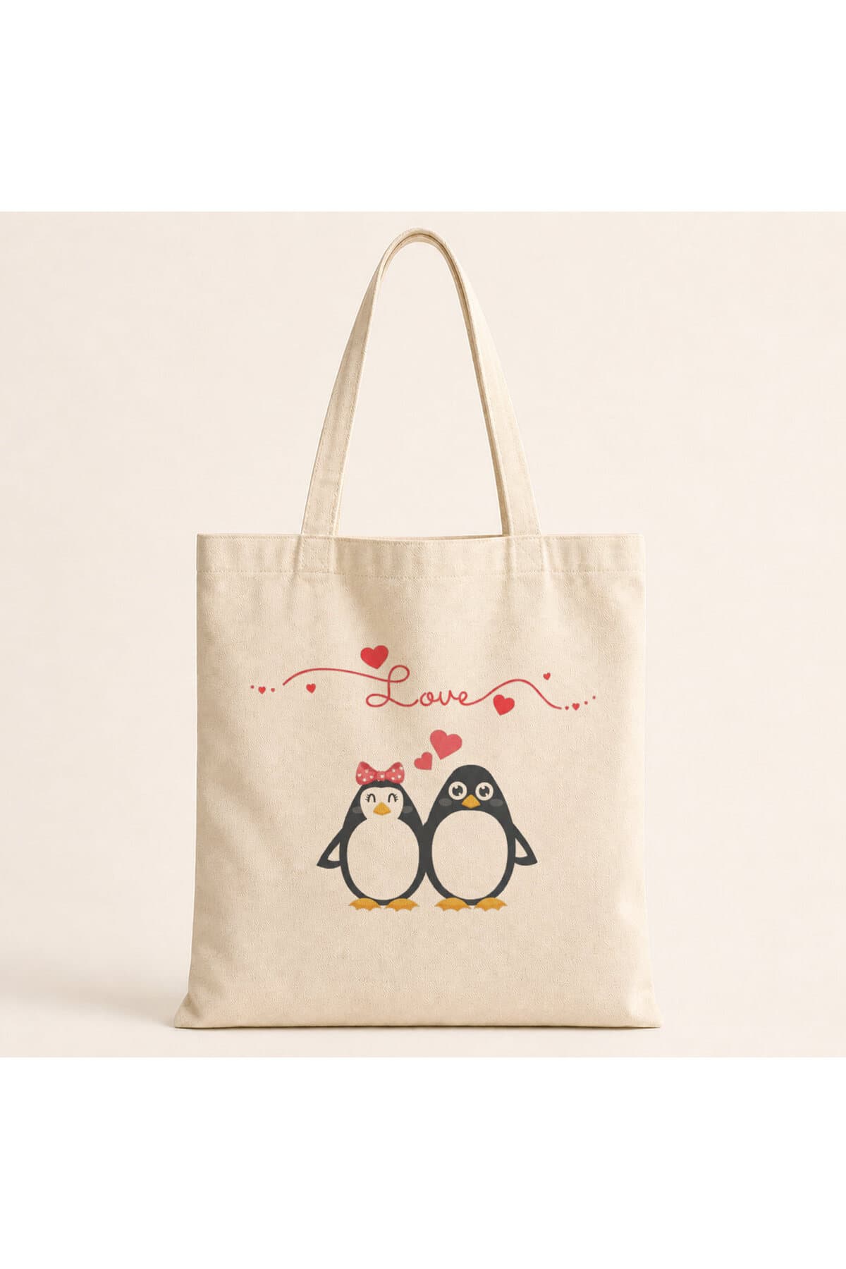 Love Penguenler Baskılı Bez Çanta Omuz Çantası Model 00638