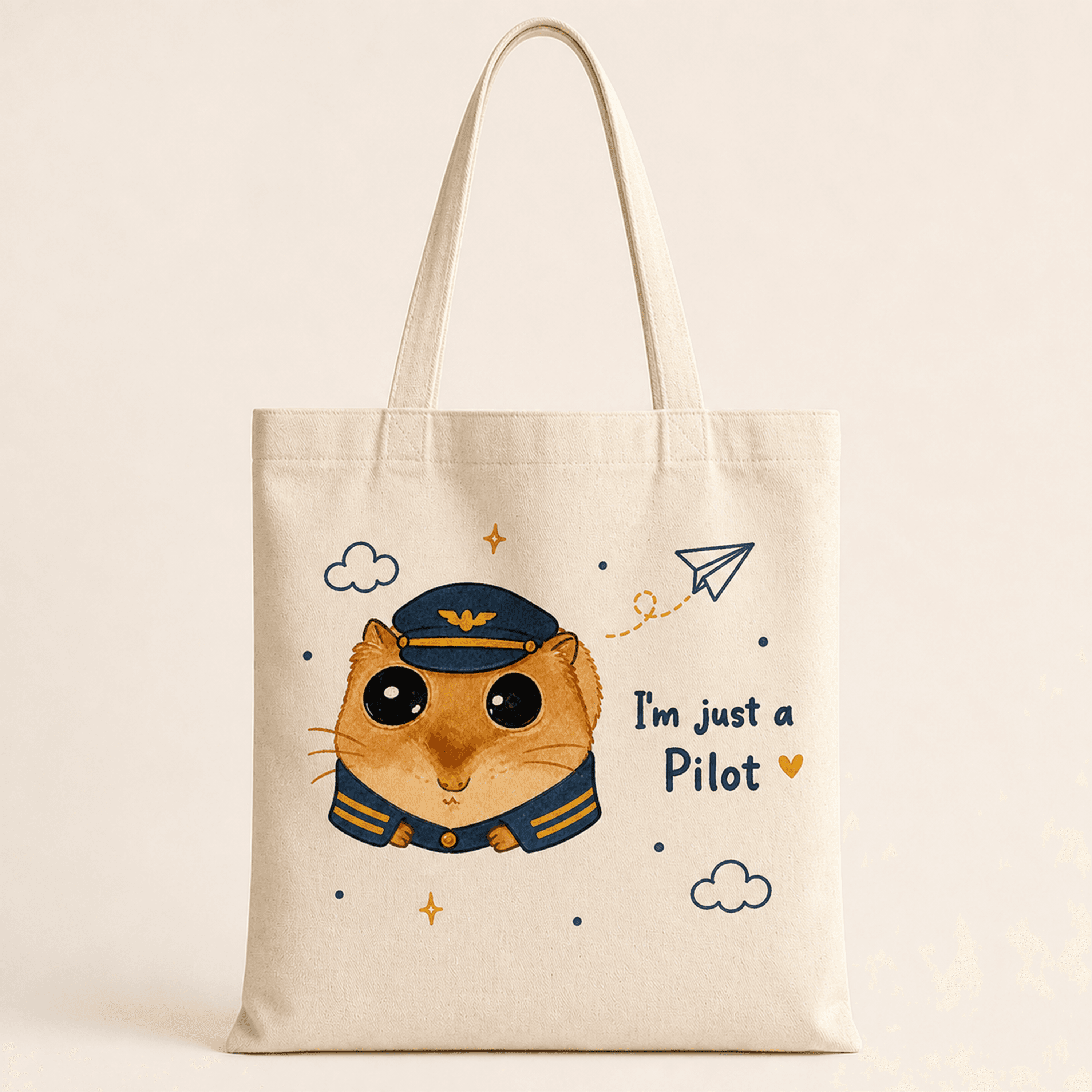 Sad Üzgün Hamster Pilot Baskılı Bez Çanta - Pilota Hediye Omuz Çantası
