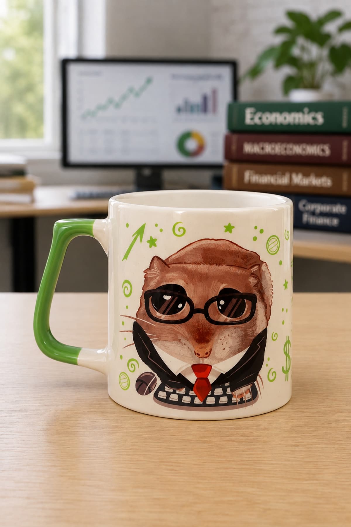 Sad Üzgün Hamster Meslek: Ekonomist Baskılı Yeşil Kulplu Prime Kupa Bardak Fincan Mug