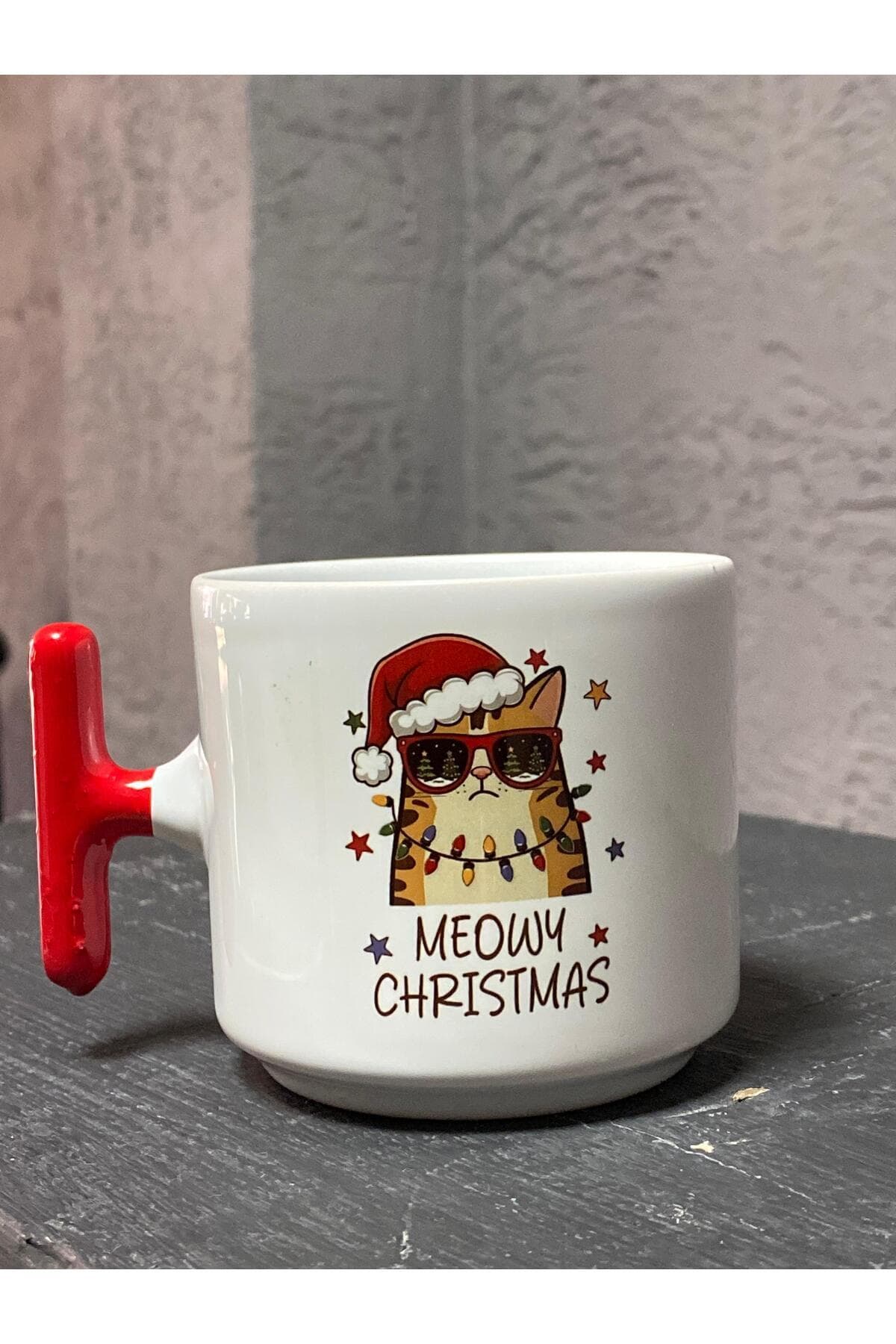Meowy Christmast Gözlüklü Kedi Baskılı Kırmızı Kulplu T Kupa - Yılbaşı Hediyesi Bardak Fincan Mug