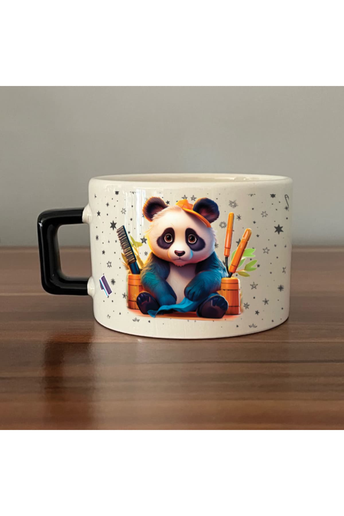 Sad Üzgün Panda Meslek: Kuaför Baskılı Siyah Kulplu Kare Kupa Bardak Fincan Mug