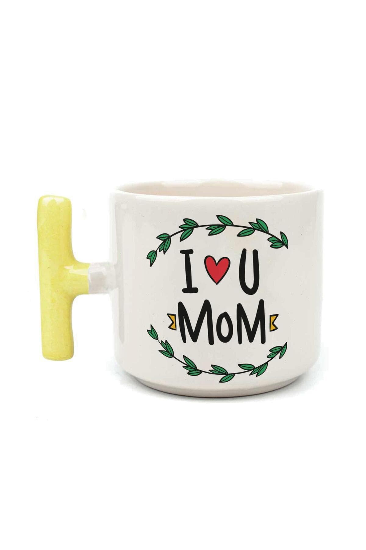 I Love You Mom Baskılı Sarı Kulplu T Kupa - Anneye Hediye Bardak Fincan Mug