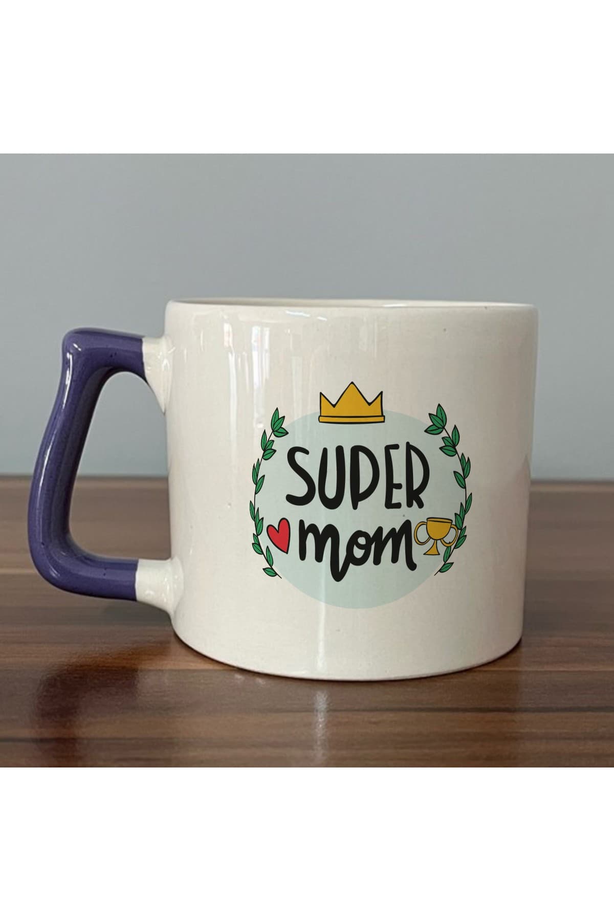 Super Mom Yazı Baskılı Mor Kulplu Prime Kupa - Anneye Hediye Bardak Fincan Mug