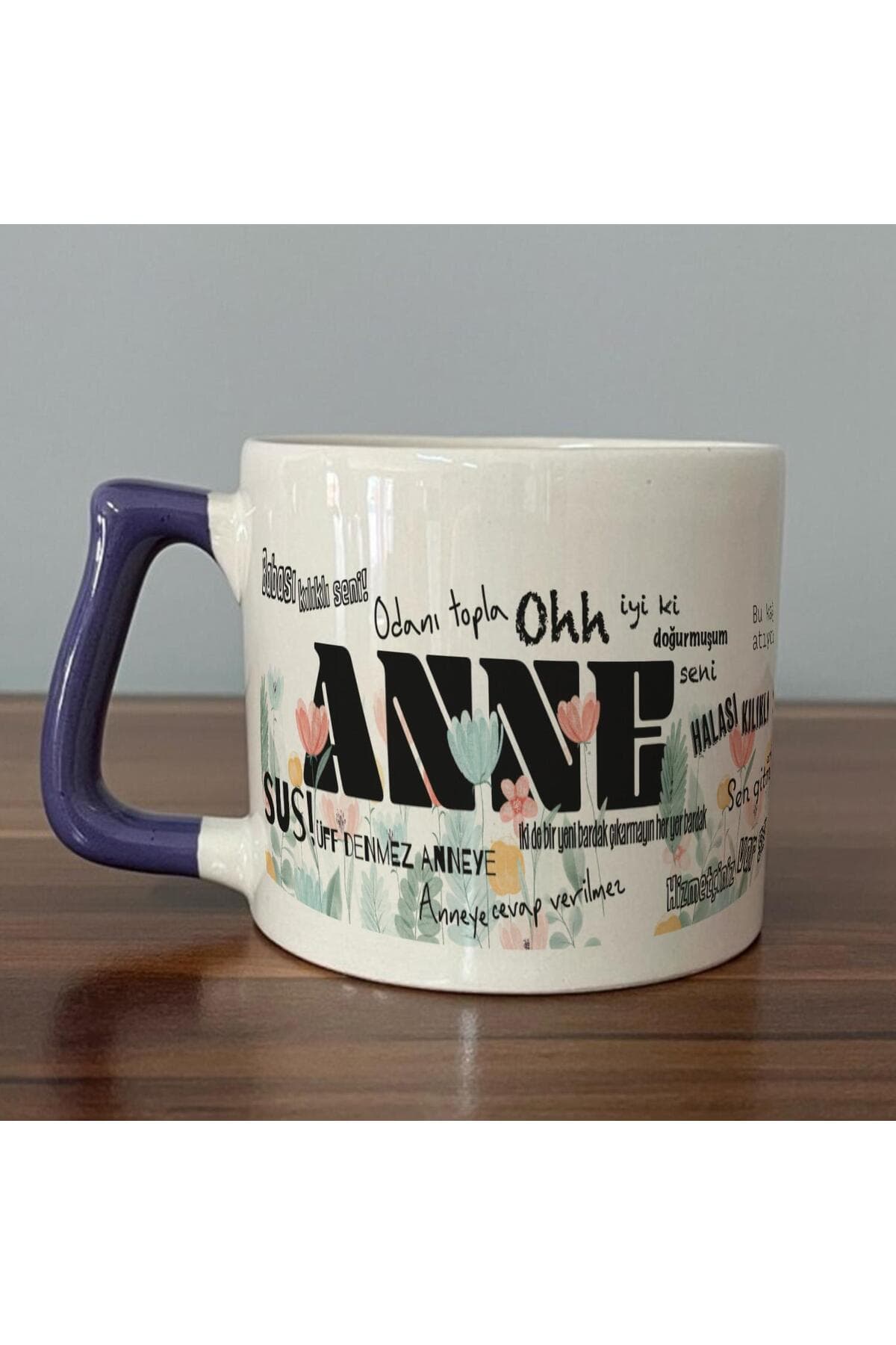 Anne Sözleri Tam Tur Baskılı Sarı Kulplu Prime Kupa - Anneye Hediye Bardak Fincan Mug