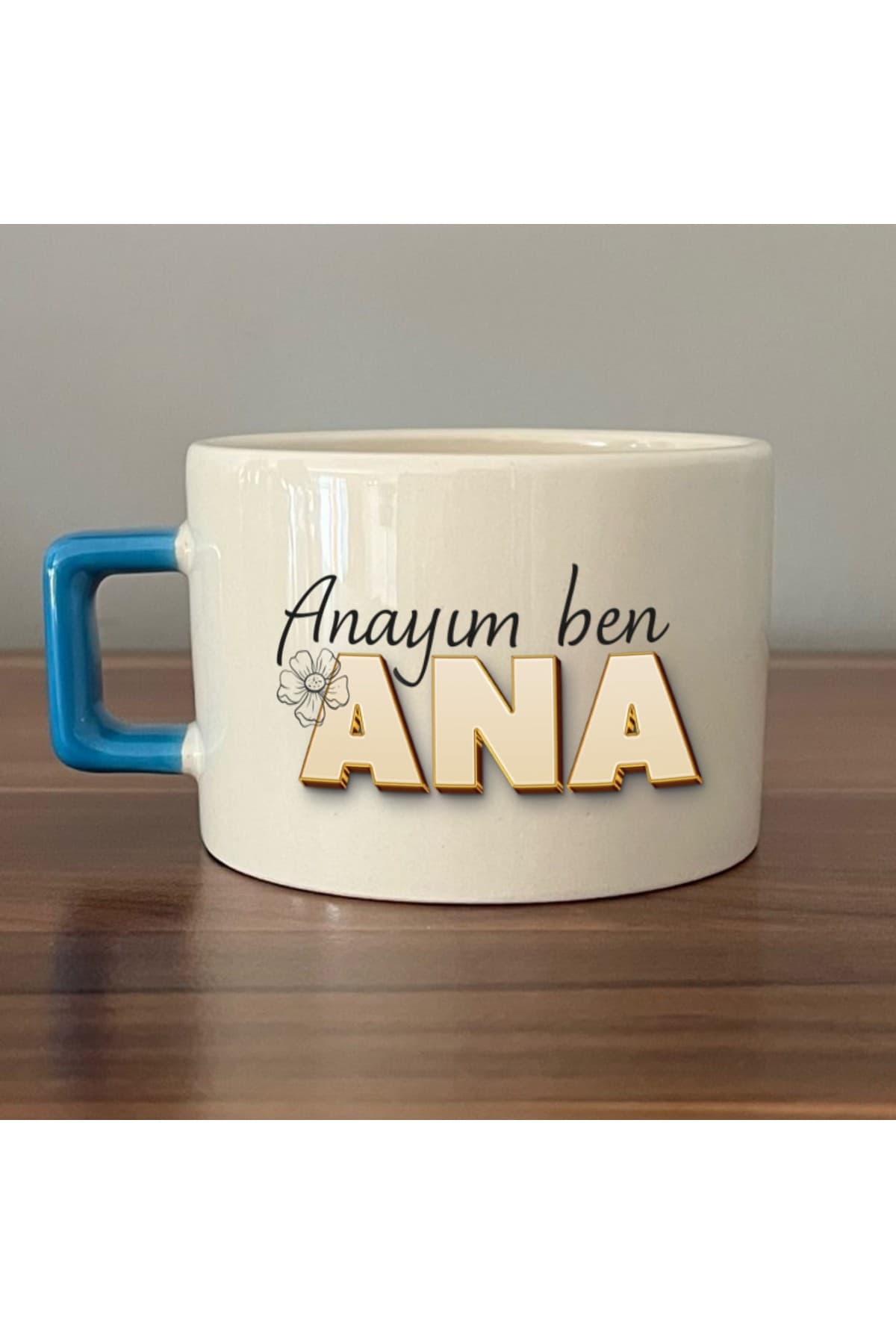 Anayım Ben Ana Baskılı Mavi Kulplu Kare Kupa Bardak Fincan Mug