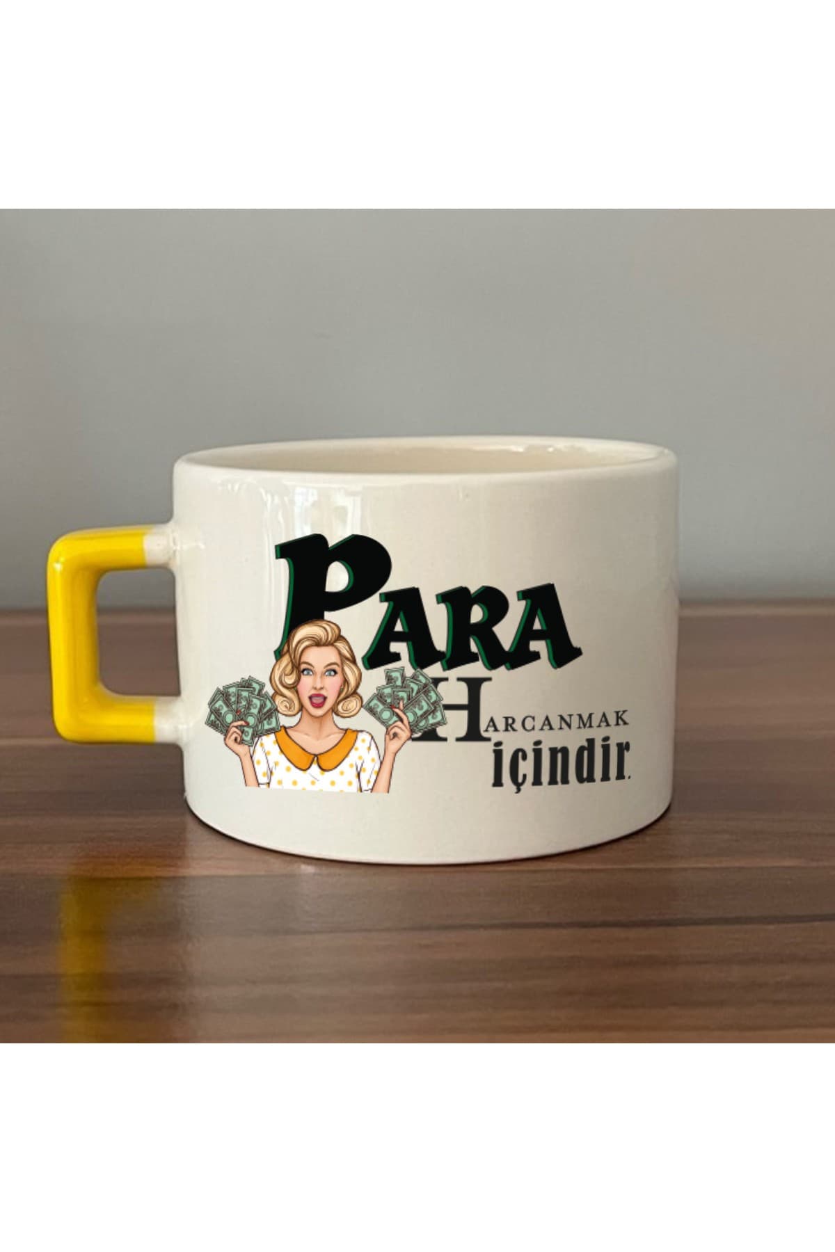 Para Harcamak Içindir Baskılı Sarı Kulplu Kare Kupa Bardak Fincan Mug