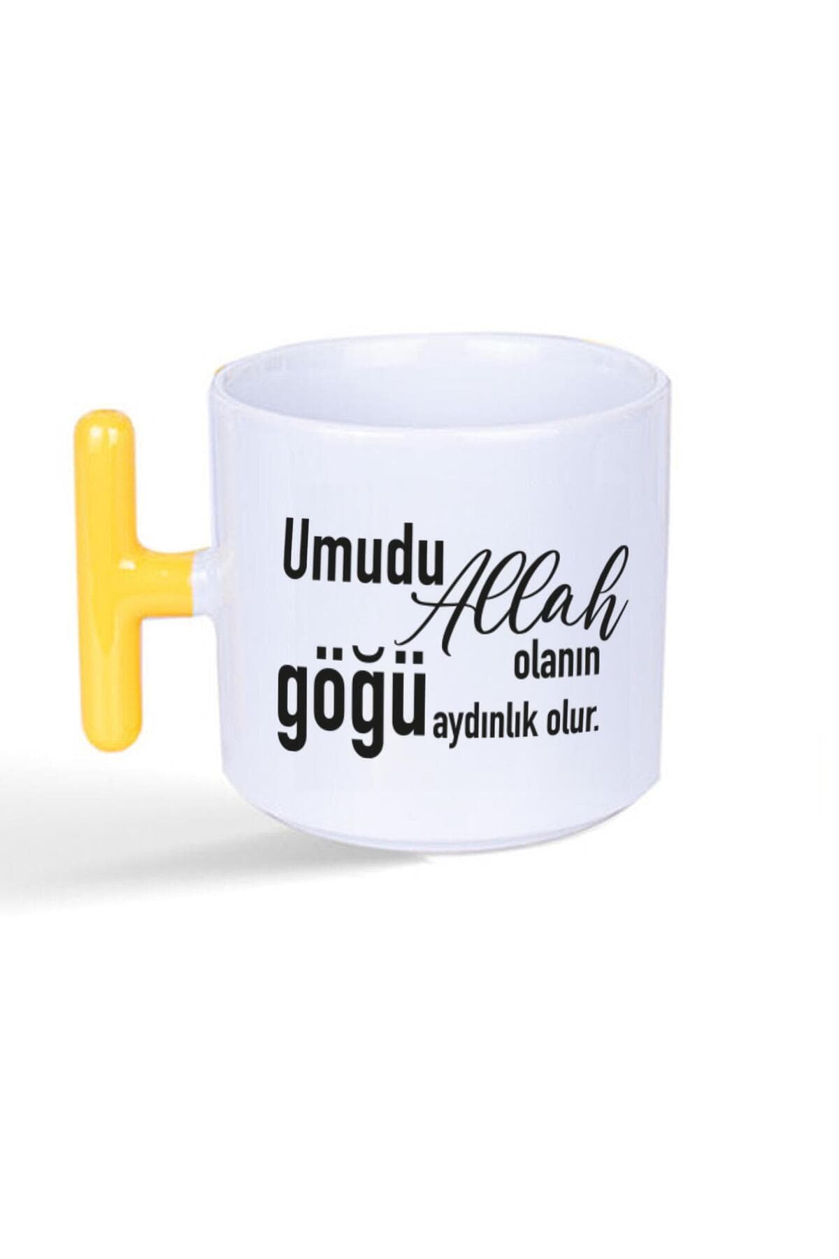 Umudu Allah Olanın Göğü Aydınlık Olur Baskılı Sarı Kulplu T Kupa Bardak Fincan Mug