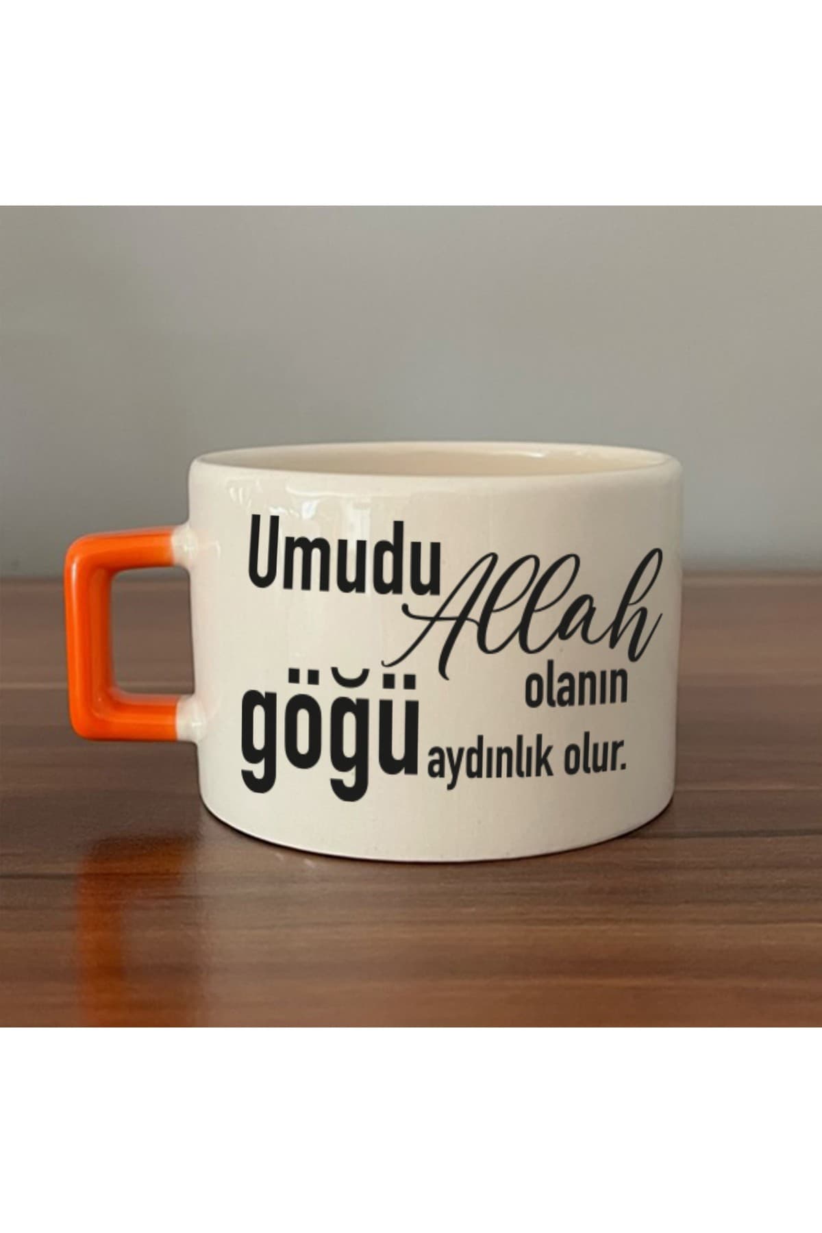 Umudu Allah Olanın Göğü Aydınlık Olur Baskılı Turuncu Kulplu Kare Kupa Bardak Fincan Mug