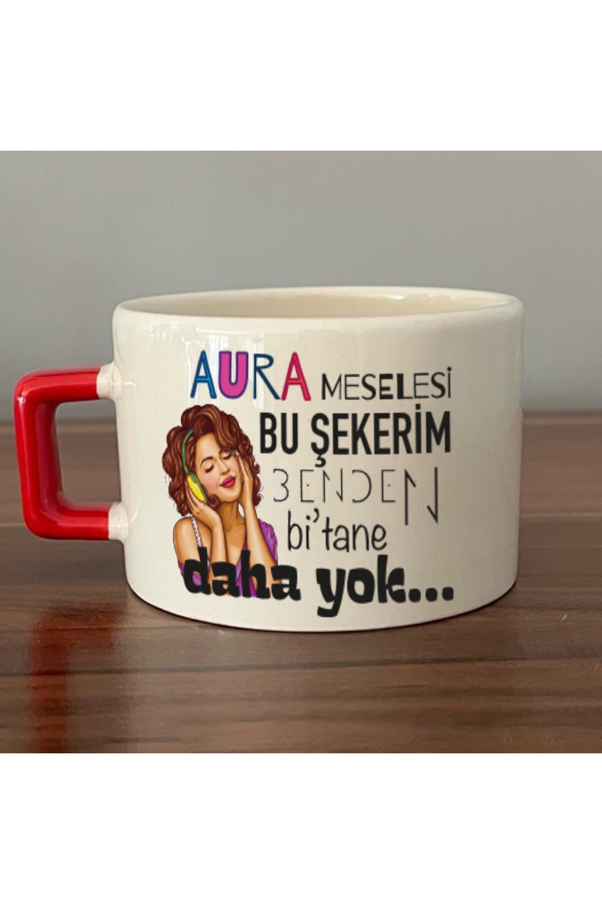 Aura Meselesi Bu Şekerim Baskılı Kırmızı Kulplu Kare Kupa Bardak Fincan Mug