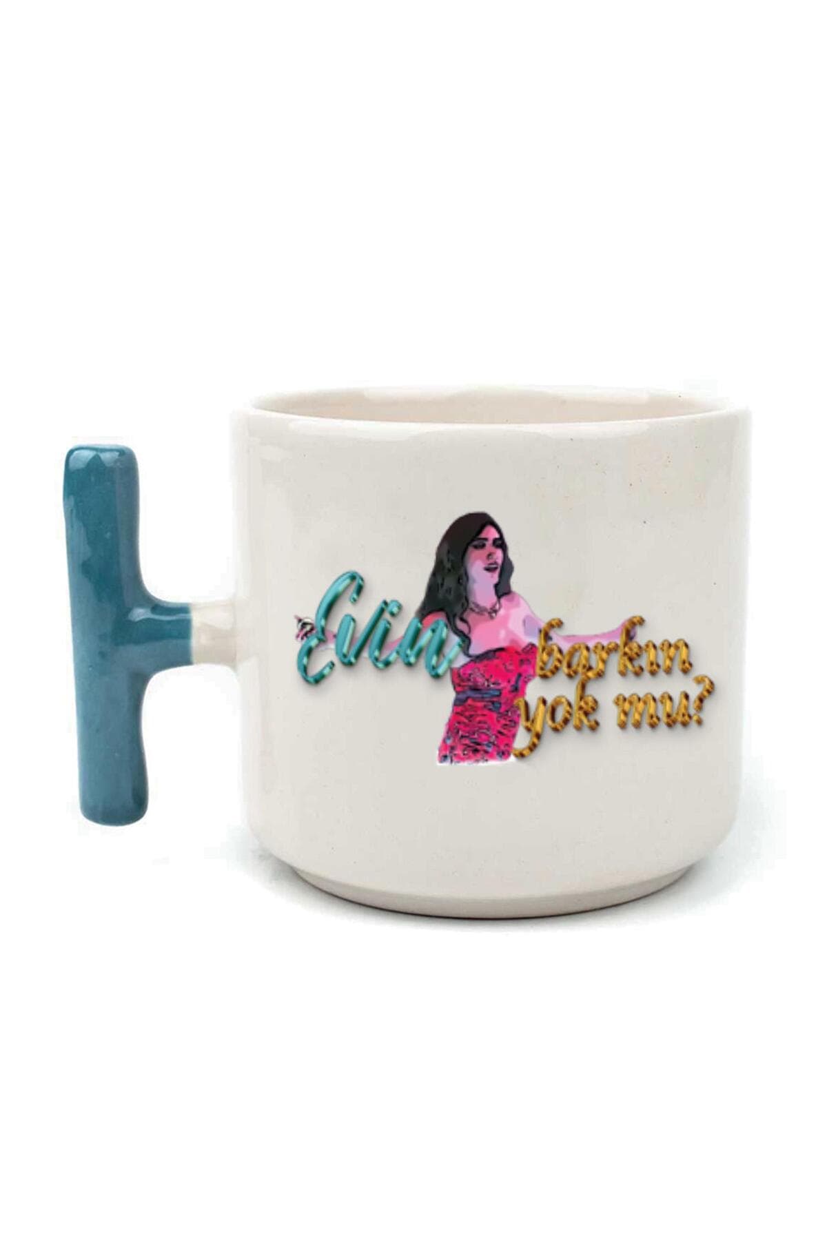 Evin Barkın Yok Mu? Baskılı Mavi Kulplu T Kupa Bardak Fincan Mug