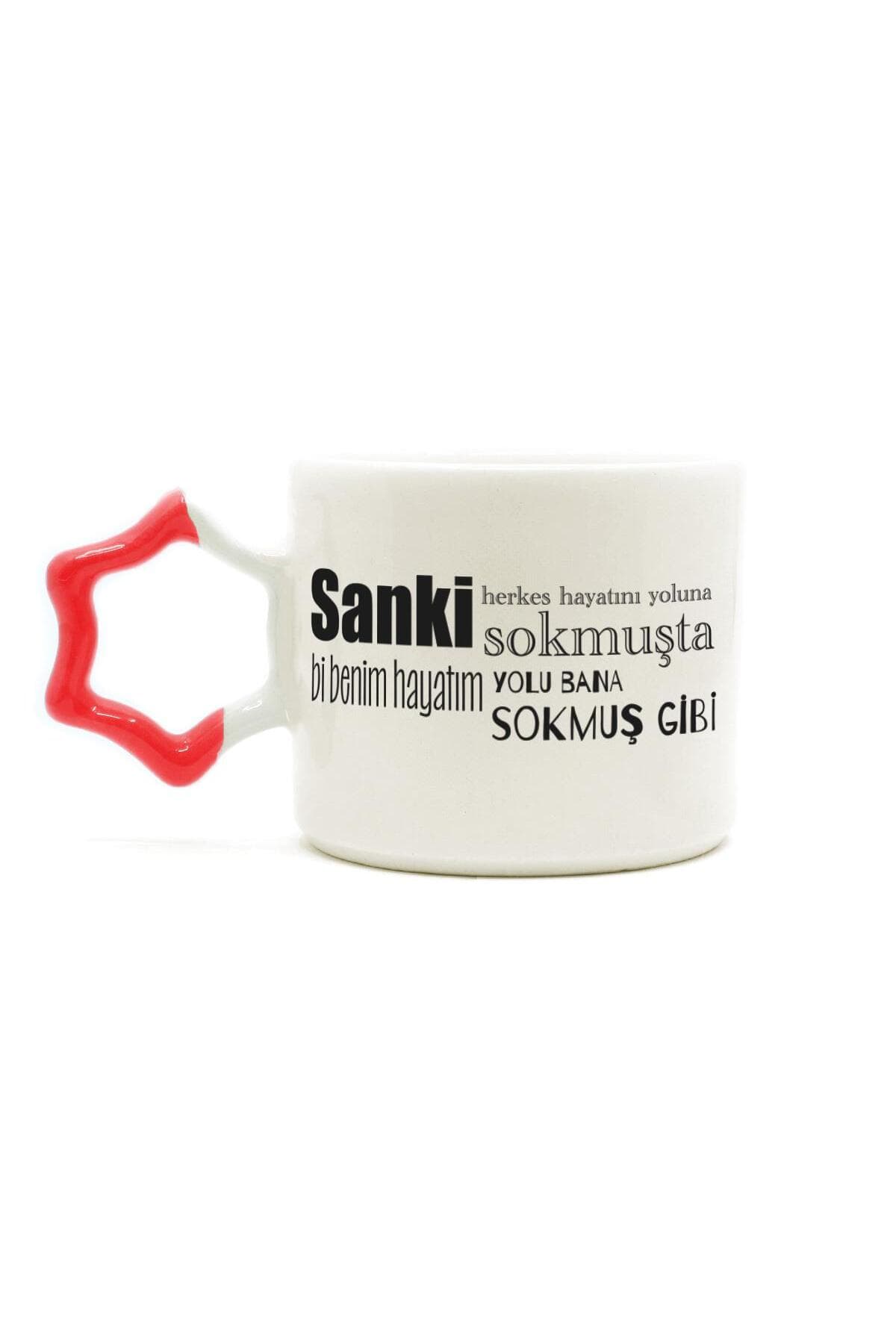 Sanki Herkes Hayatını Yoluna Sokmuşta Baskılı Kırmızı Kulplu Yıldız Kupa Bardak Fincan Mug